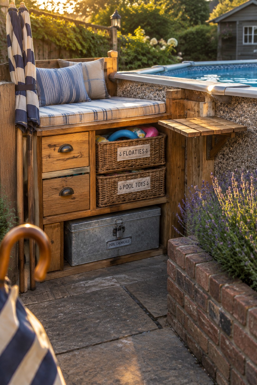 Wooden bench with built-in drawers and labeled wicker baskets next to an above-ground pool on a stone patio.
