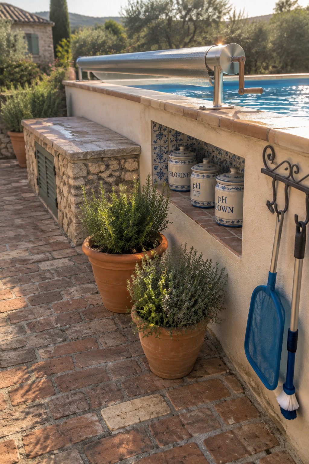A poolside stone wall with a recessed niche holding three ceramic jars labeled Chlorine, pH Up, and pH Down, next to potted plants and hanging pool cleaning tools on a brick patio.