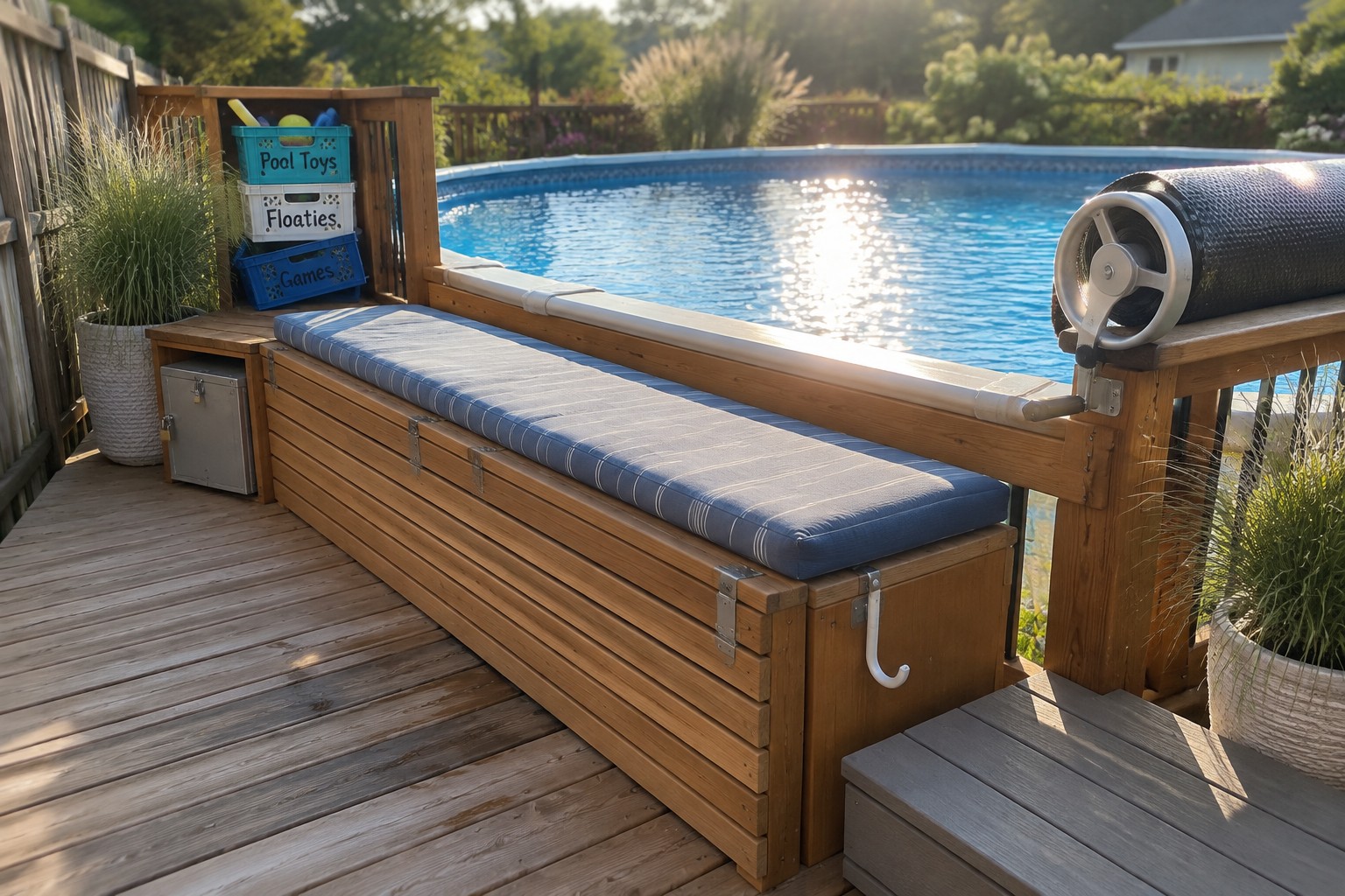 An above ground pool on a wooden deck with a blue striped cushioned storage bench, a locked stainless steel cabinet underneath, stacked labeled crates, and a gray step stool.