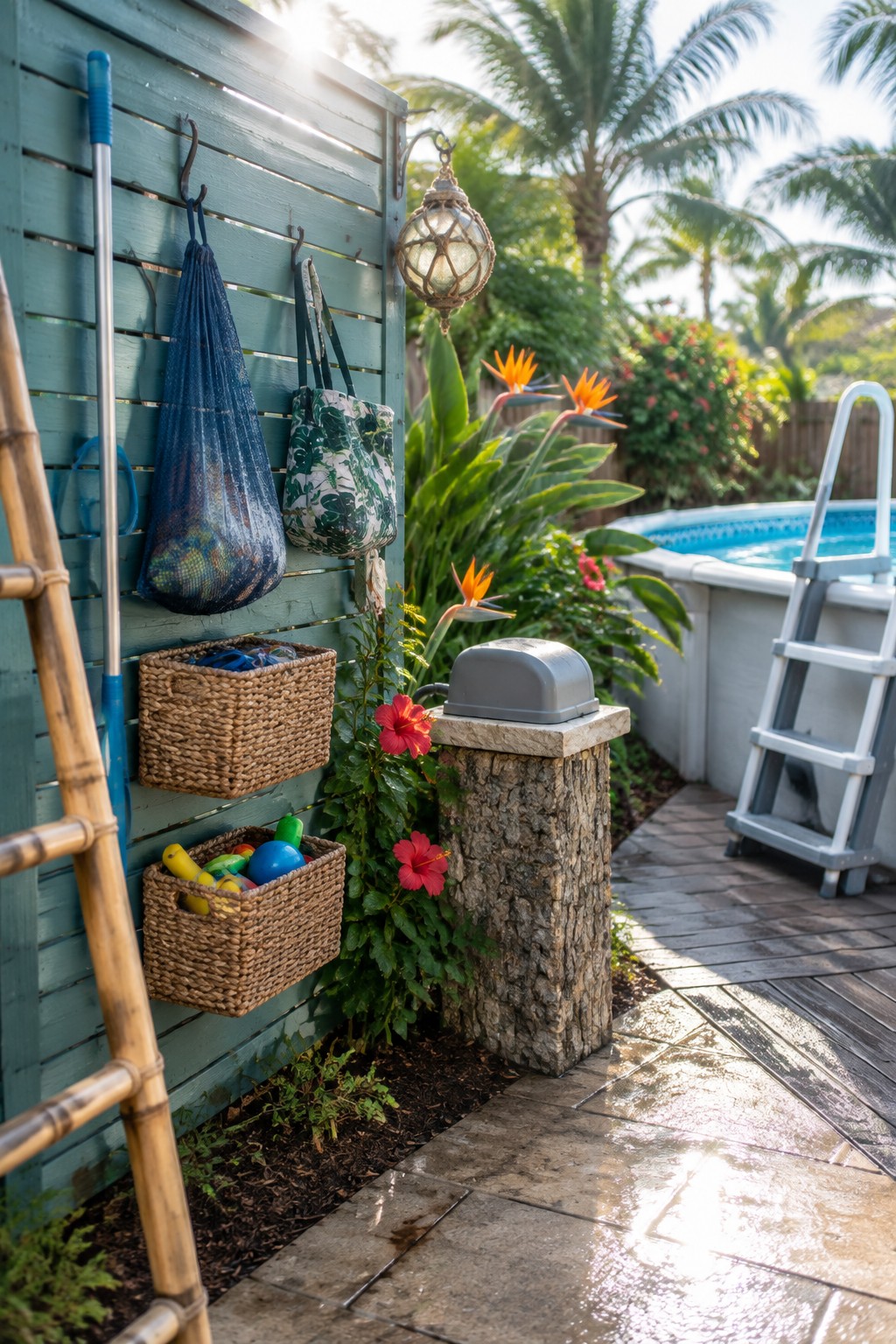 A green wooden wall next to an above ground pool holds hooks with a mesh bag, patterned tote, and two woven baskets containing pool toys, with tropical plants and a stone pillar in view.