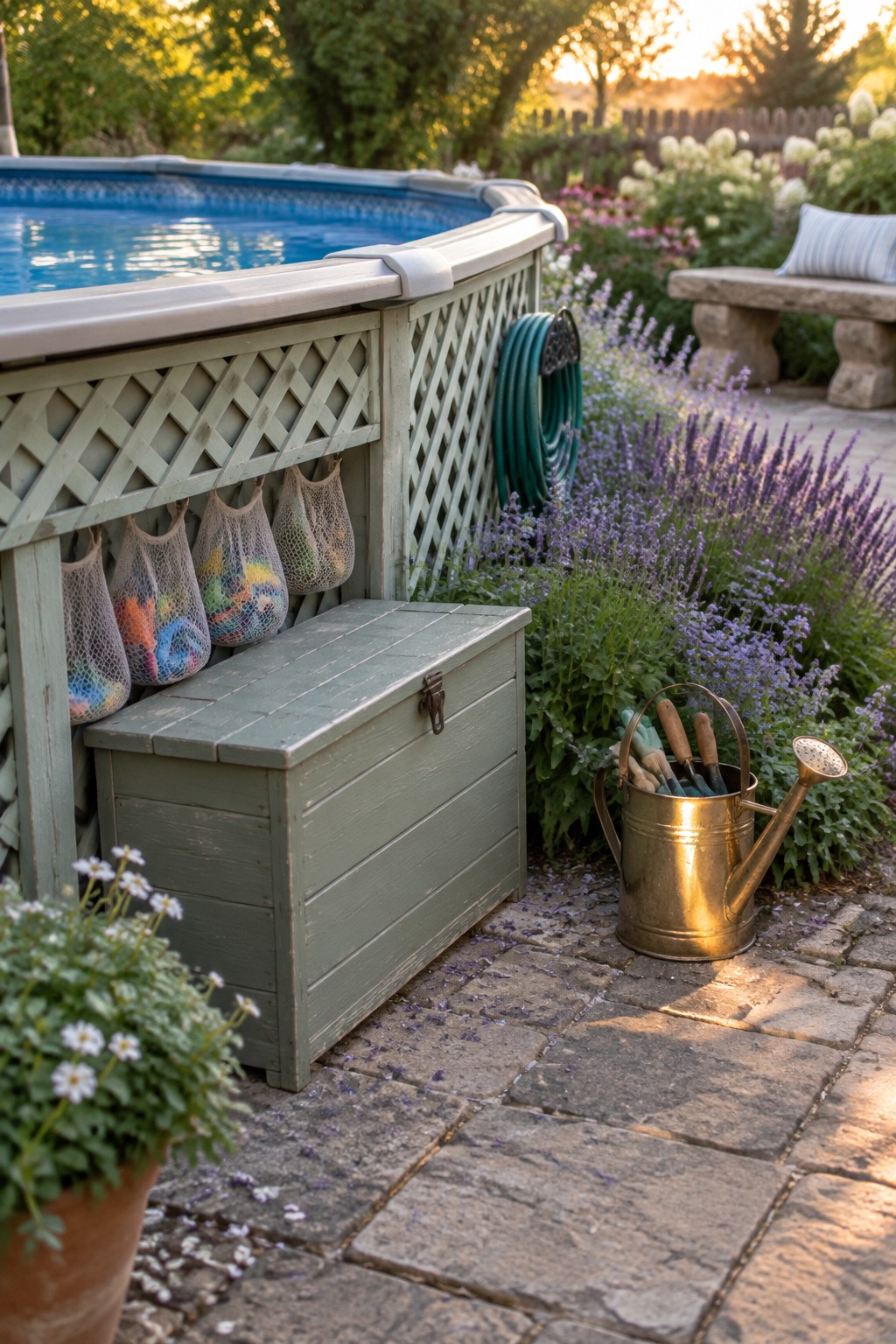 Green above-ground pool with hanging mesh bags, wooden chest, and watering can in garden