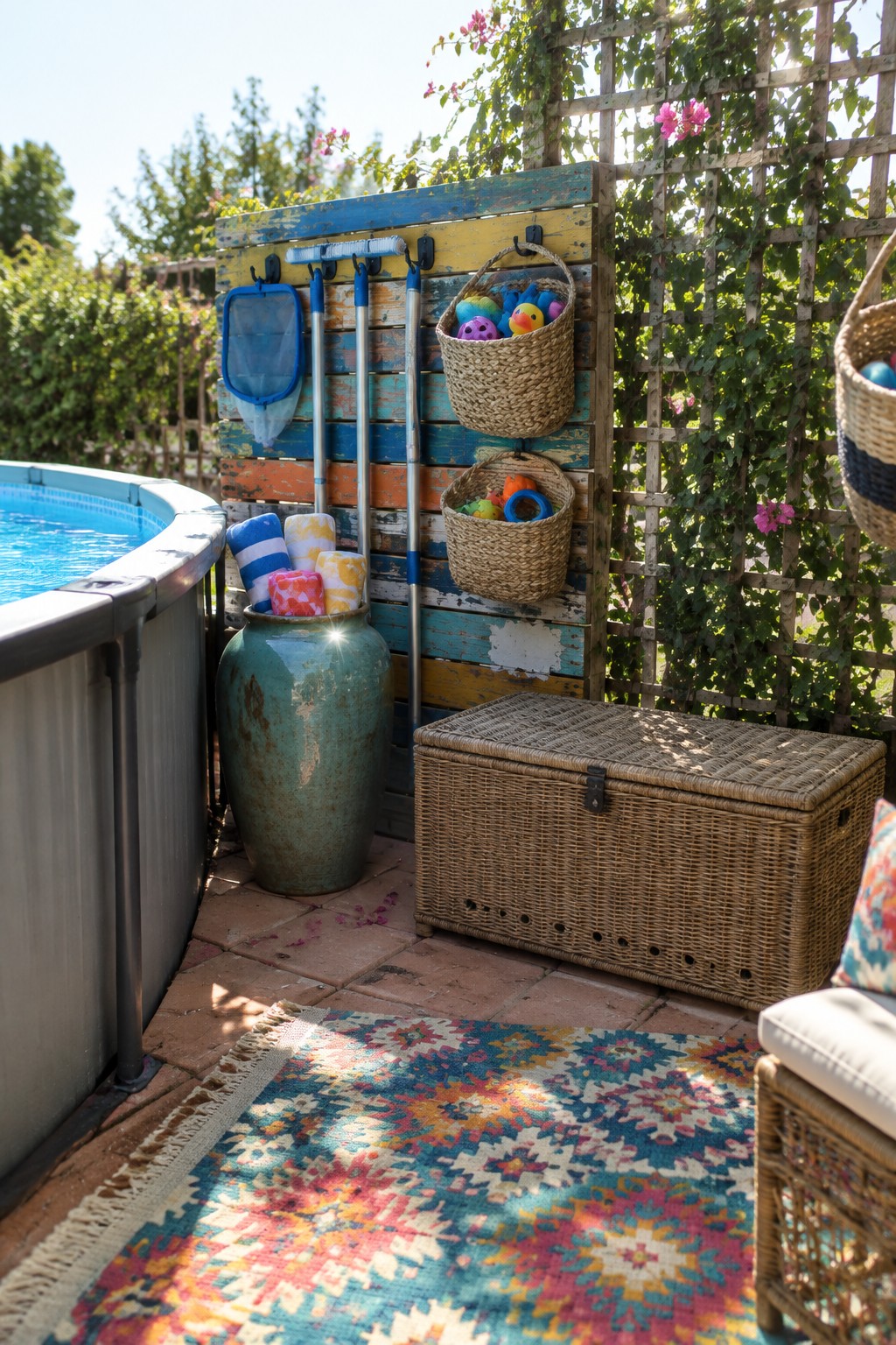 An above ground pool beside a colorful wooden slat wall with hanging pool nets, poles, and two woven baskets of toys, next to a large ceramic pot and wicker chest on a brick patio.