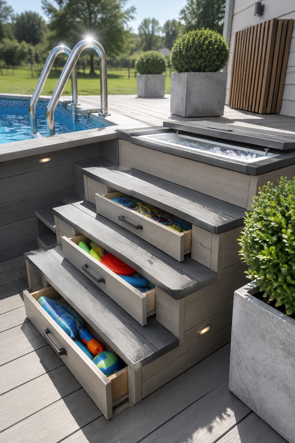 Wooden pool deck stairs beside an above ground pool, with three open drawers holding colorful pool toys and an open built-in ice chest on the top step.