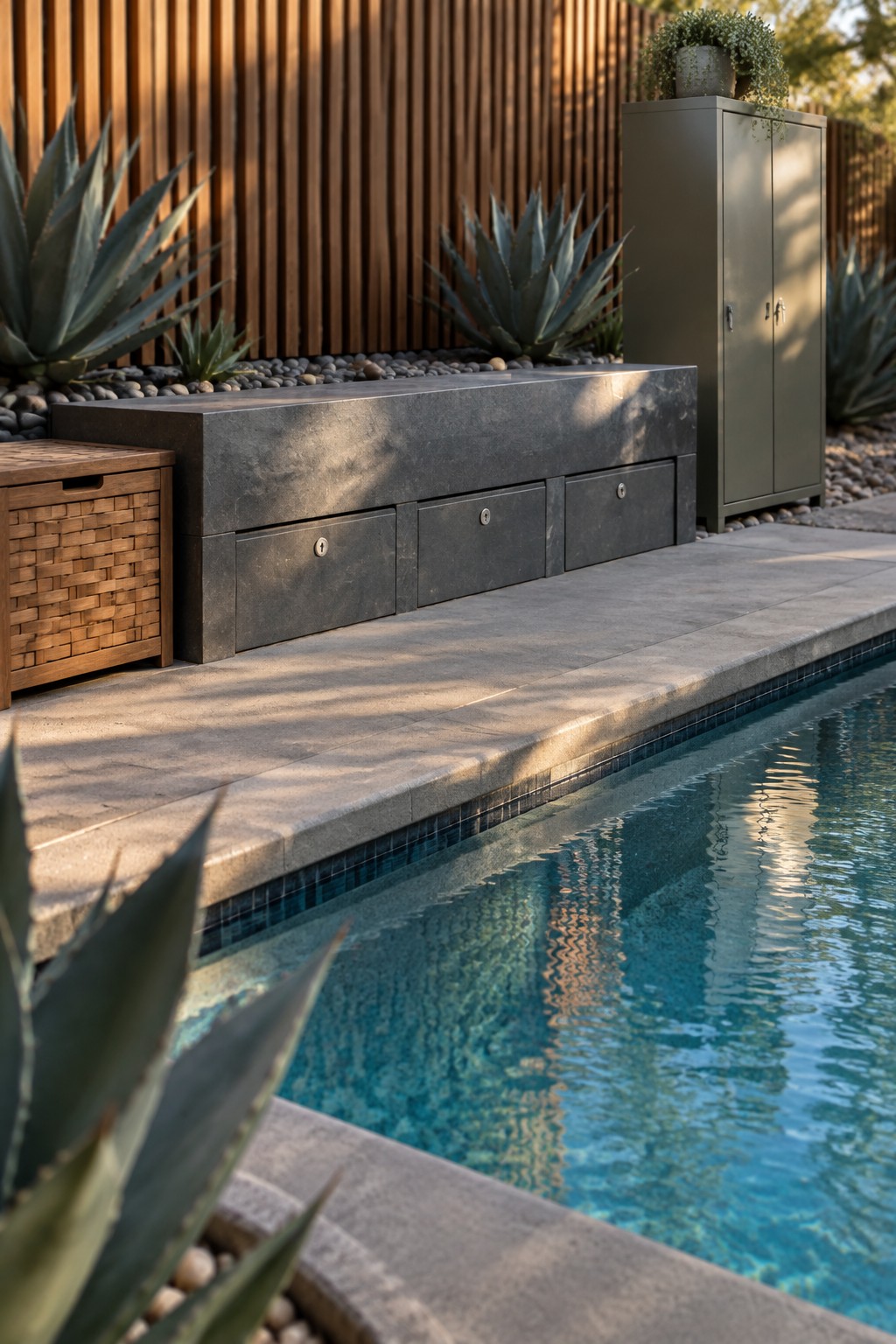 A long dark stone bench with multiple drawers runs along the edge of a swimming pool next to a tall cabinet and agave plants.