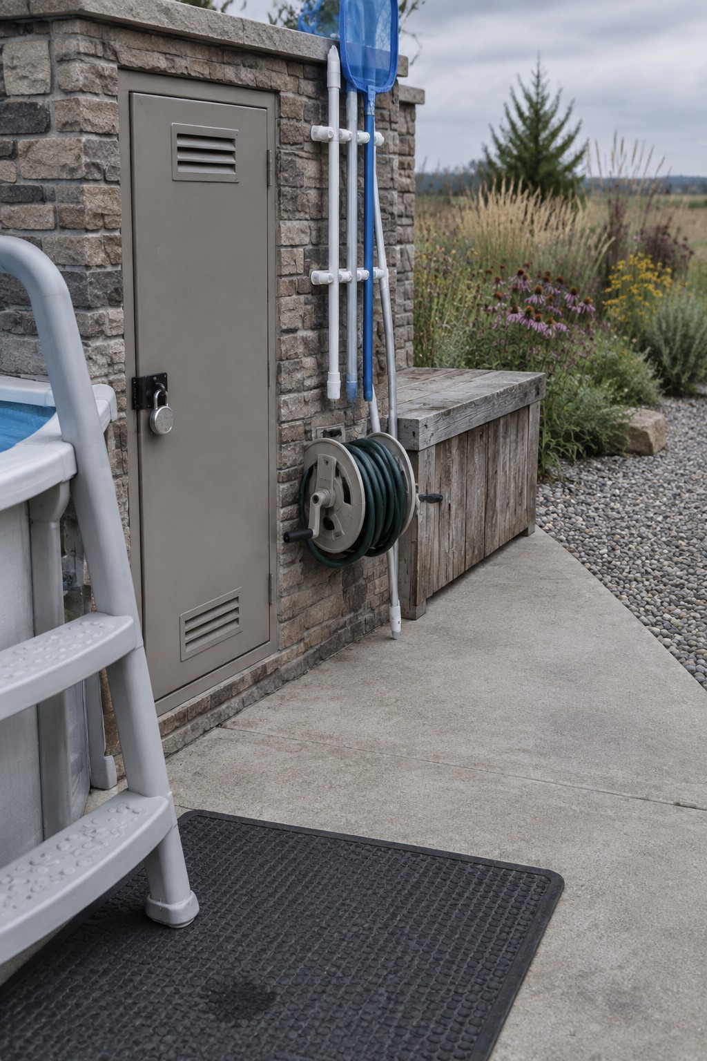 A gray storage cabinet with a mounted hose reel stands next to an above-ground pool ladder on a concrete patio.
