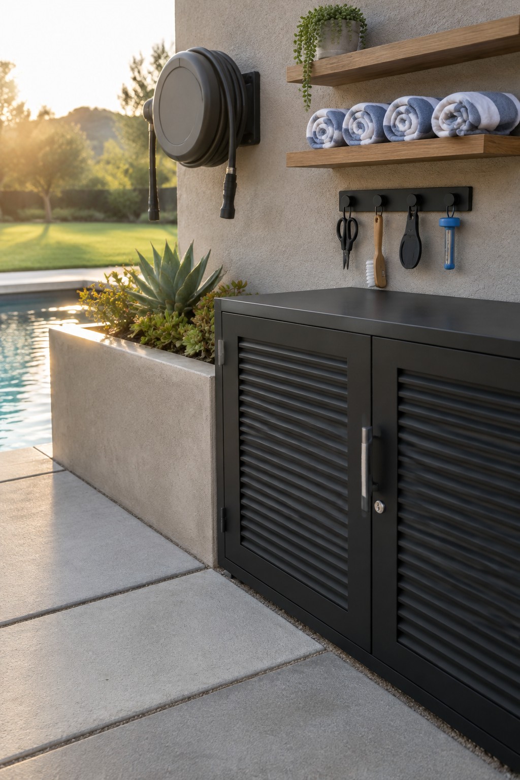 A black louvered storage cabinet sits on a concrete patio beside a pool, with a wall-mounted hose reel above it and wooden shelves holding rolled towels.