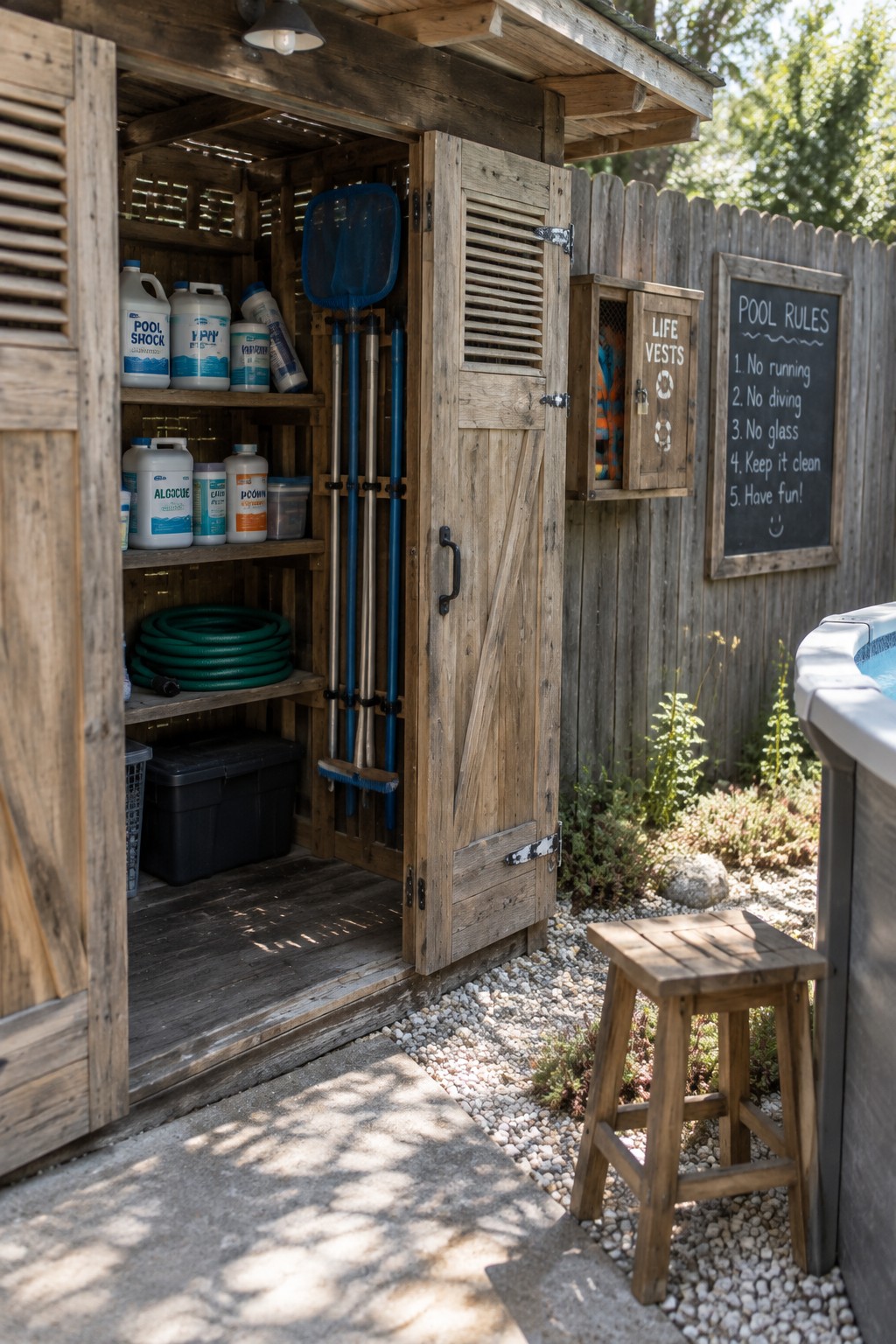Open wooden shed stocked with pool chemicals on shelves, long-handled tools, and a small locked life vests cabinet, next to an above ground pool.