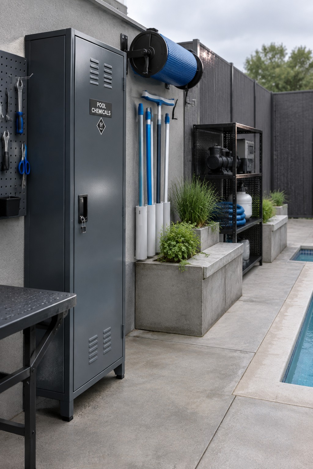A tall gray metal cabinet labeled Pool Chemicals stands beside a swimming pool with long-handled cleaning tools stored in wall-mounted holders and nearby shelving units holding equipment.