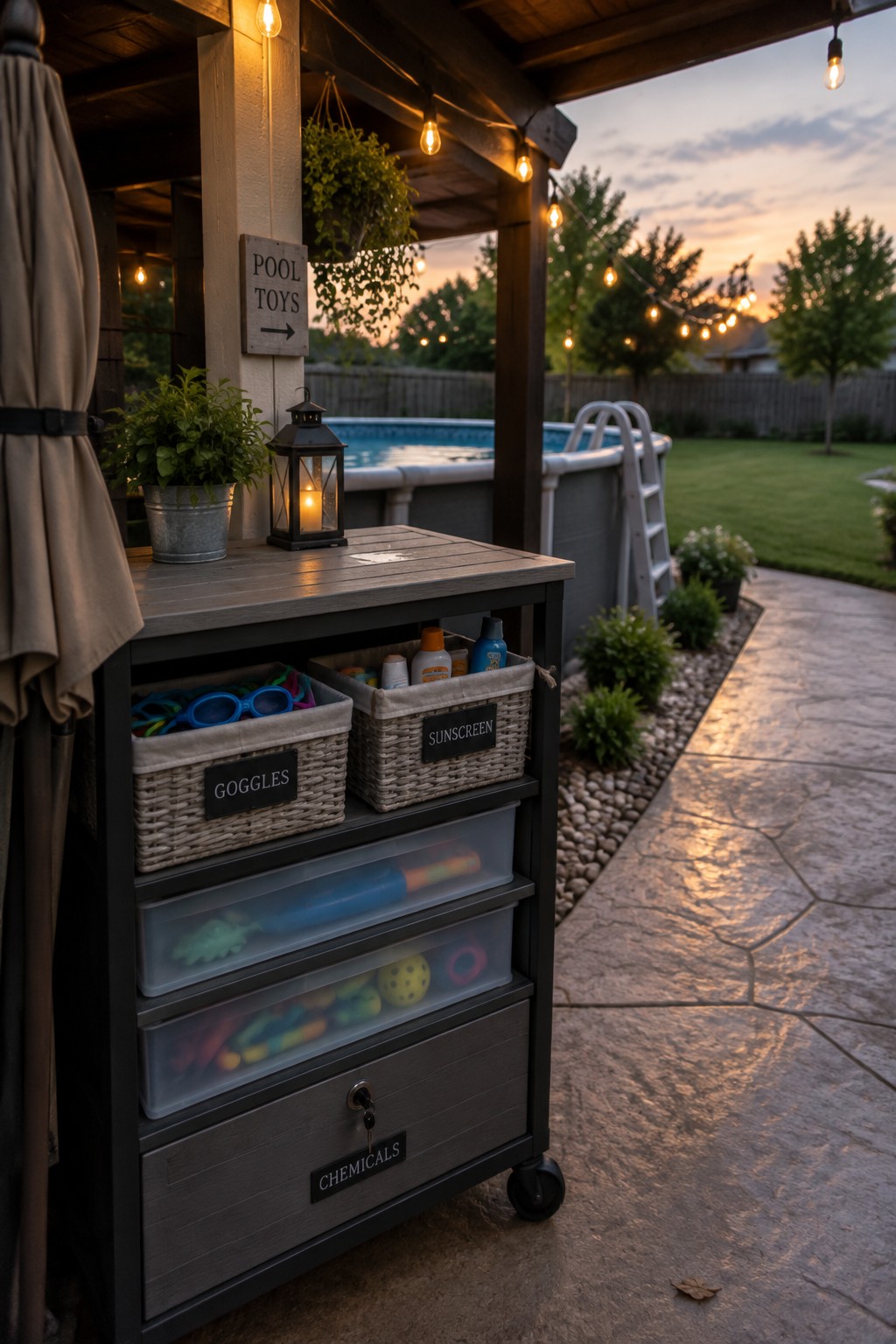 Storage cart with labeled goggles and sunscreen baskets above clear pool toy drawers at dusk.