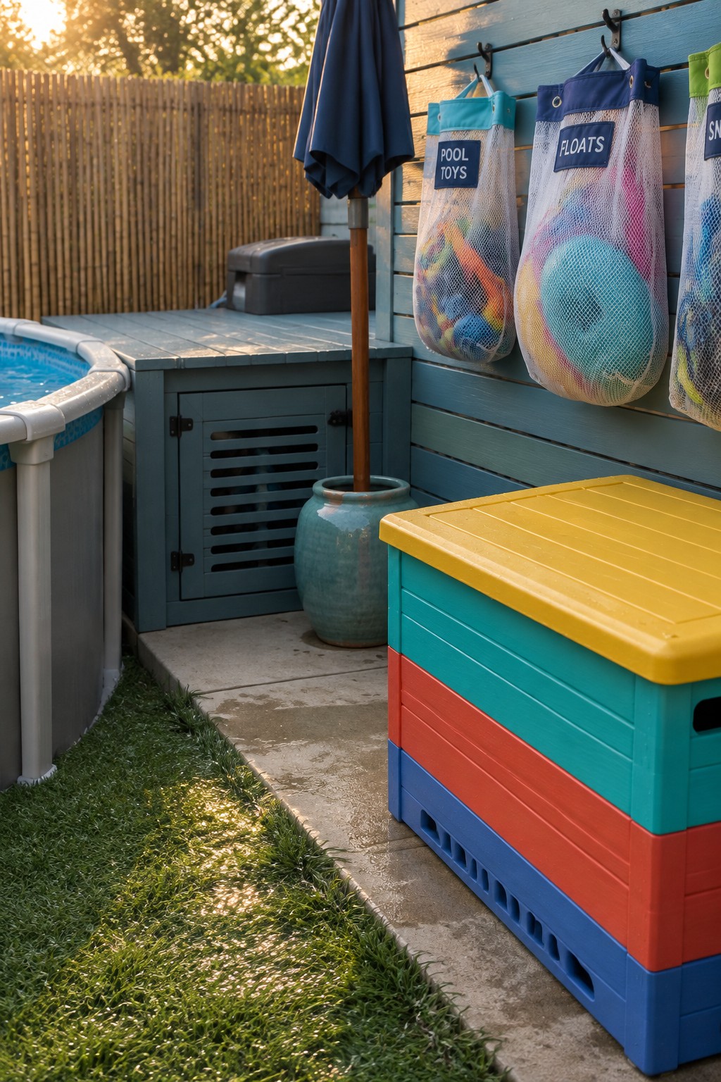Backyard above ground pool area showing a blue wooden wall with three hanging mesh storage bags labeled for pool toys, floats, and snacks, beside a colorful stacked plastic storage bin.