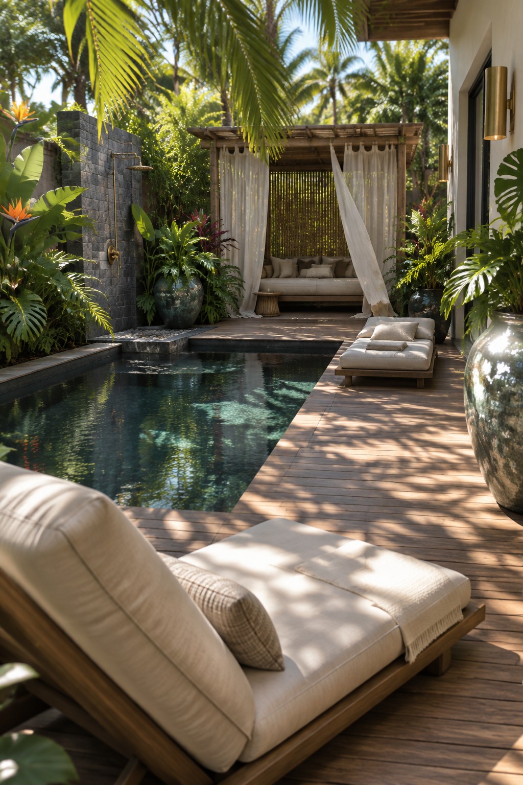 A narrow plunge pool runs alongside a wooden deck with lounge chairs, a curtained cabana structure, large potted plants, and an outdoor shower on a stone wall.