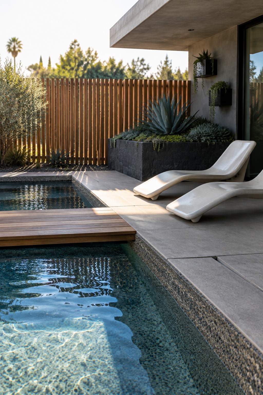 Modern pool with white lounge chairs, wooden deck, pebble bottom, and succulent planter.