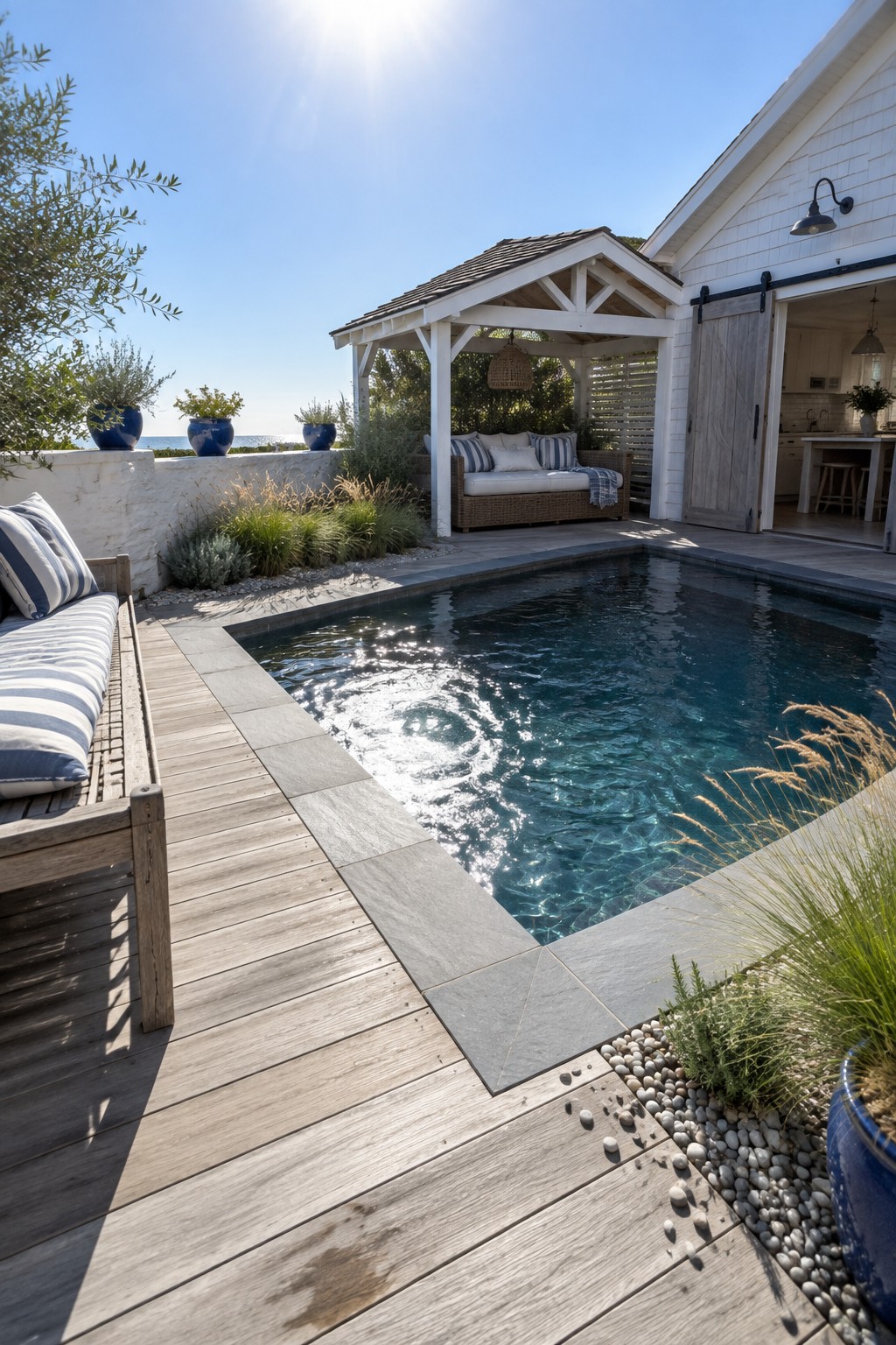 Sunny backyard pool with rippling blue water, wooden deck, white pergola, and ocean view