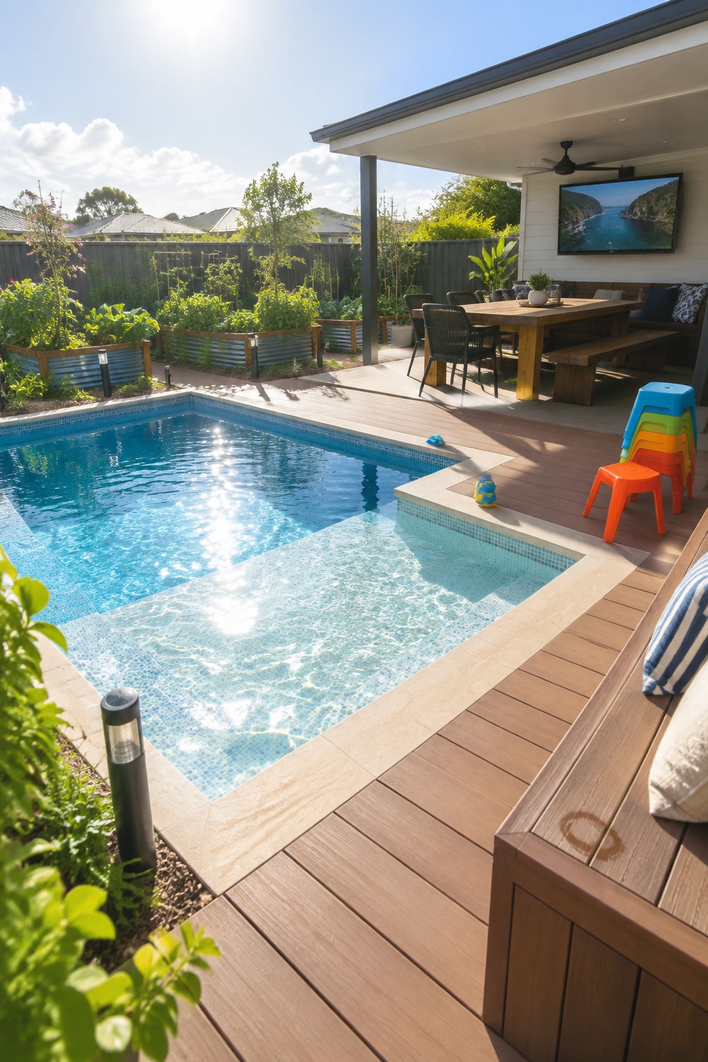 A rectangular plunge pool with light coping sits next to a wide wooden deck that holds an outdoor dining table, chairs, a wall-mounted TV, and stacked colorful stools.