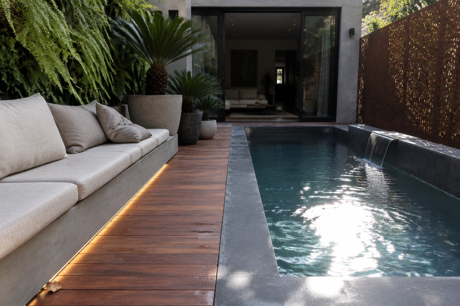 A narrow plunge pool runs parallel to a long built-in concrete bench with light cushions on a wooden deck, bordered by potted plants and a living wall.