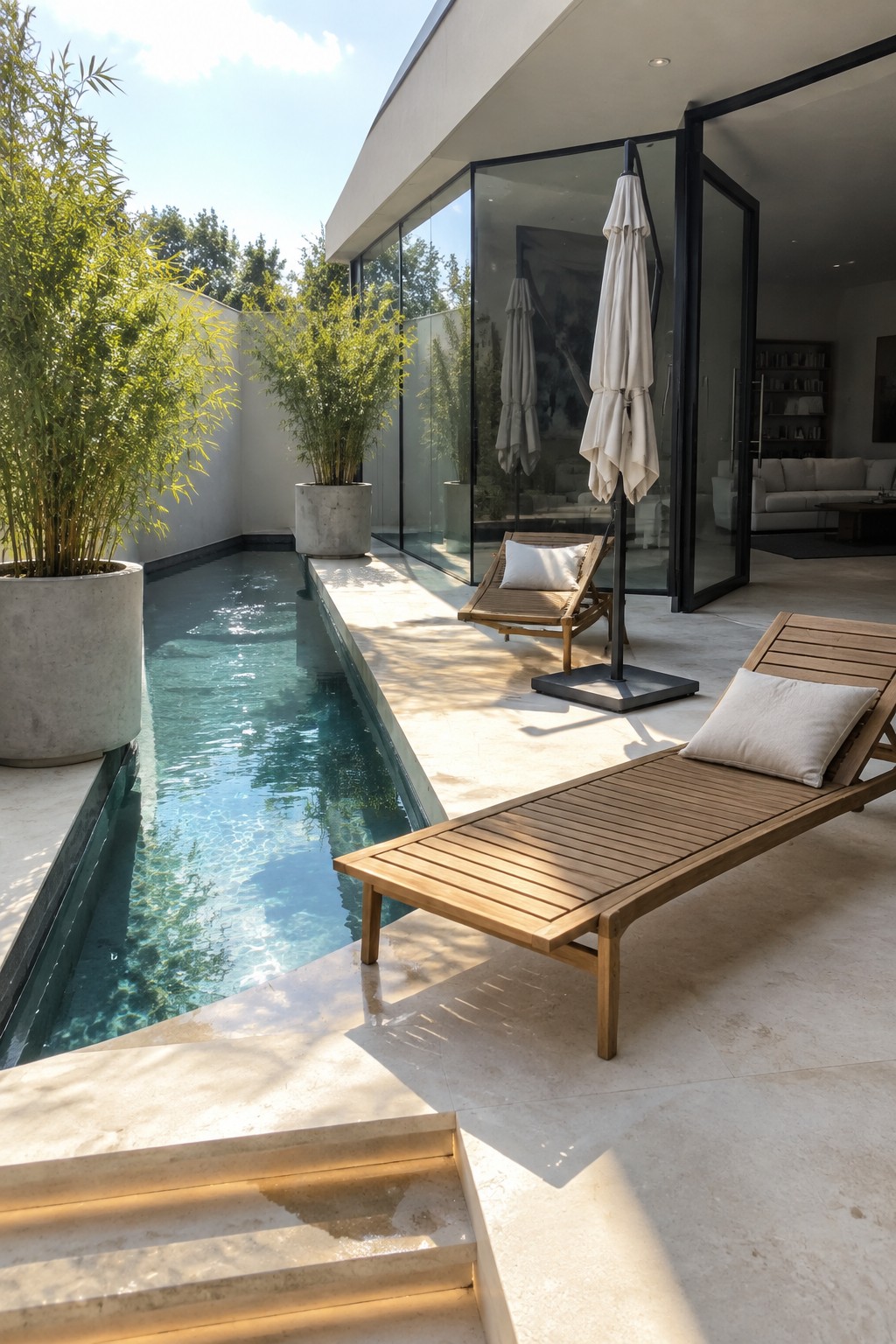 A narrow plunge pool with turquoise water runs alongside a light stone patio holding two wooden lounge chairs, one with a closed umbrella, and large glass doors open to an indoor seating area.
