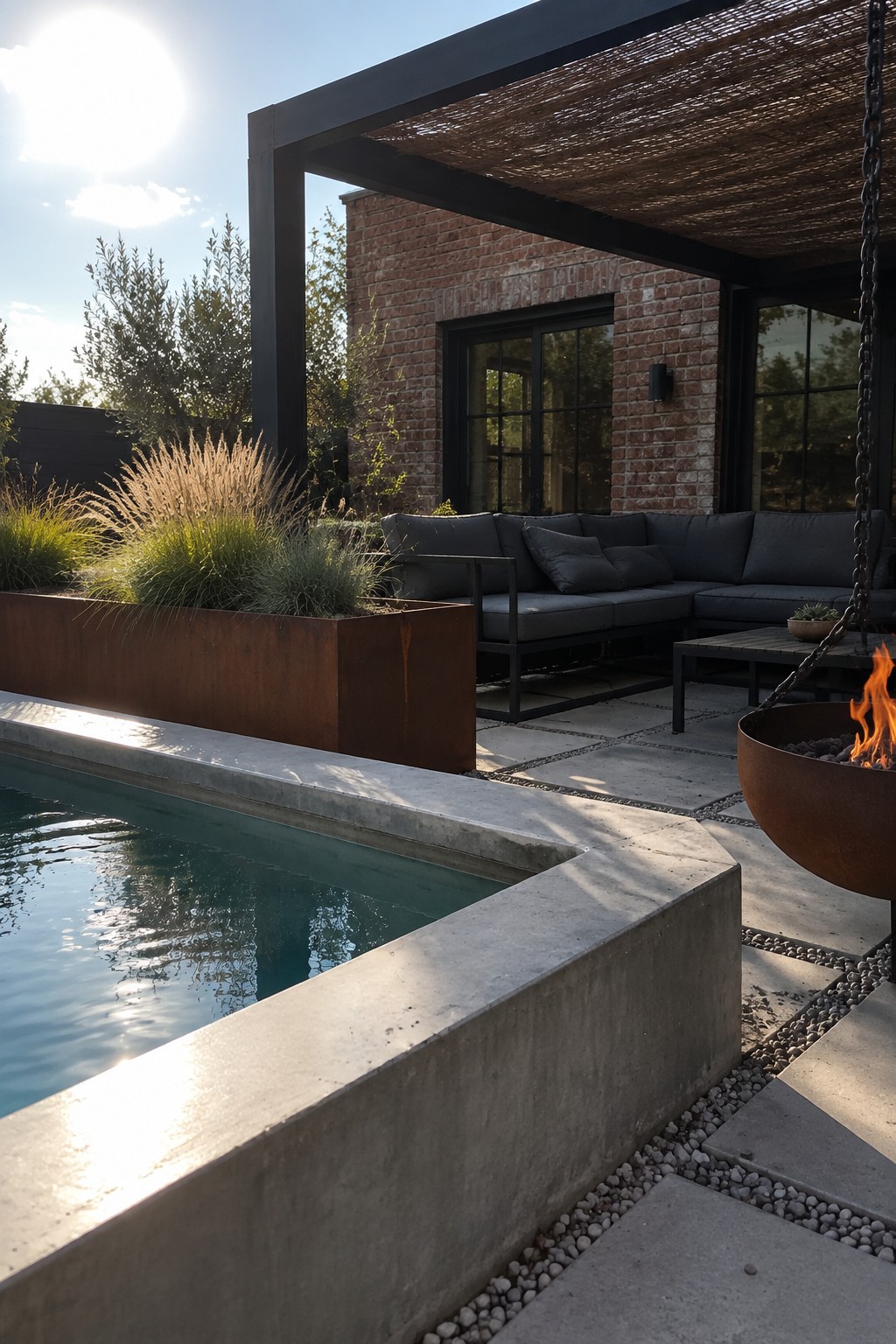A rectangular plunge pool with wide concrete coping sits beside a stone-paved patio that holds a dark sectional sofa, a low table, and a hanging metal fire pit, with a brick house and pergola in the background.
