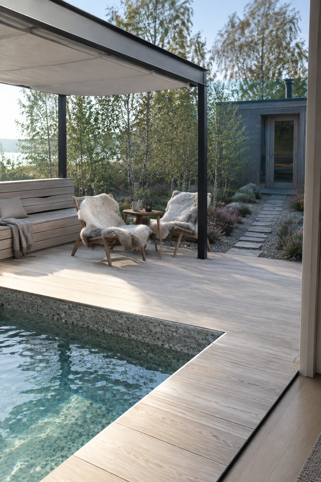 A light wood deck with a rectangular plunge pool built flush to the edge, two lounge chairs with sheepskin throws, a small side table, and a modern outdoor building visible in the background.