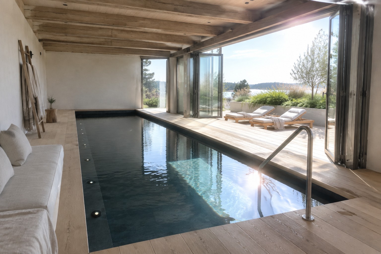 12 Seamless Indoor Pool Ideas Connected to Outdoor Spaces An indoor pool with dark edging runs alongside light wood flooring, with large glass doors open to an outdoor patio holding two lounge chairs and distant greenery.