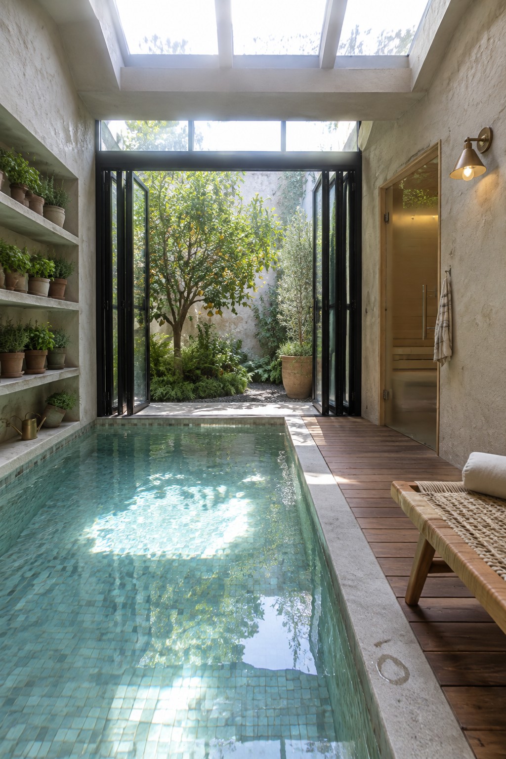 An indoor pool with turquoise mosaic tiles sits beside large black-framed folding glass doors open to a garden with trees and potted plants.