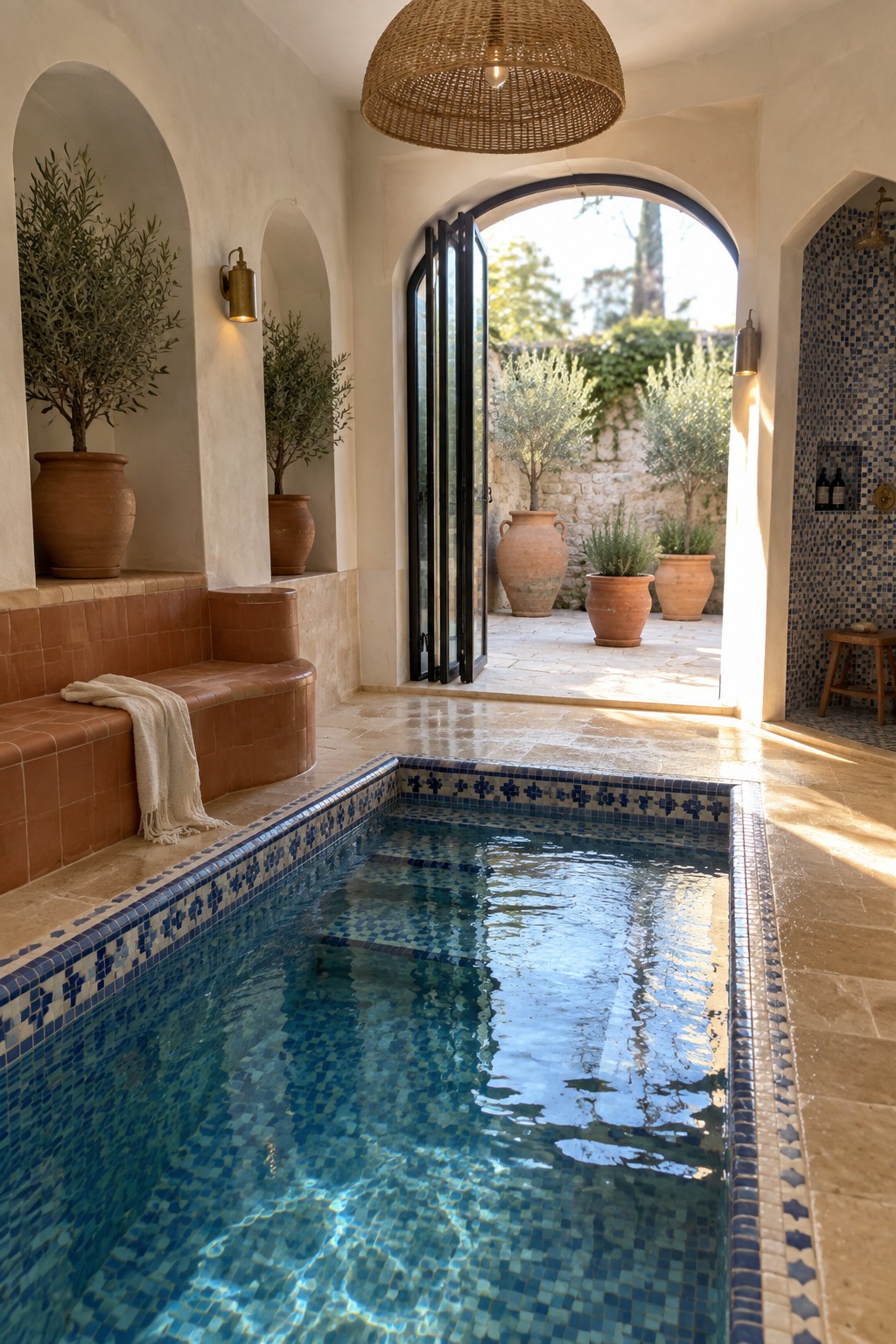 An indoor pool with blue mosaic tile borders sits in a light-filled room with arched niches holding potted olive trees, open black-framed folding doors leading to a sunny stone patio with additional terracotta pots.