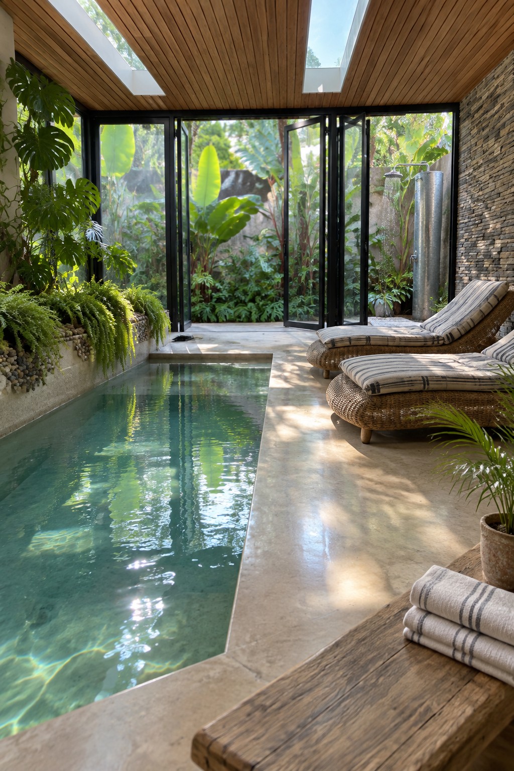 An indoor lap pool with clear green water sits beside large open black-framed glass doors leading to a garden, with two striped lounge chairs and an outdoor shower on a stone wall to the right.