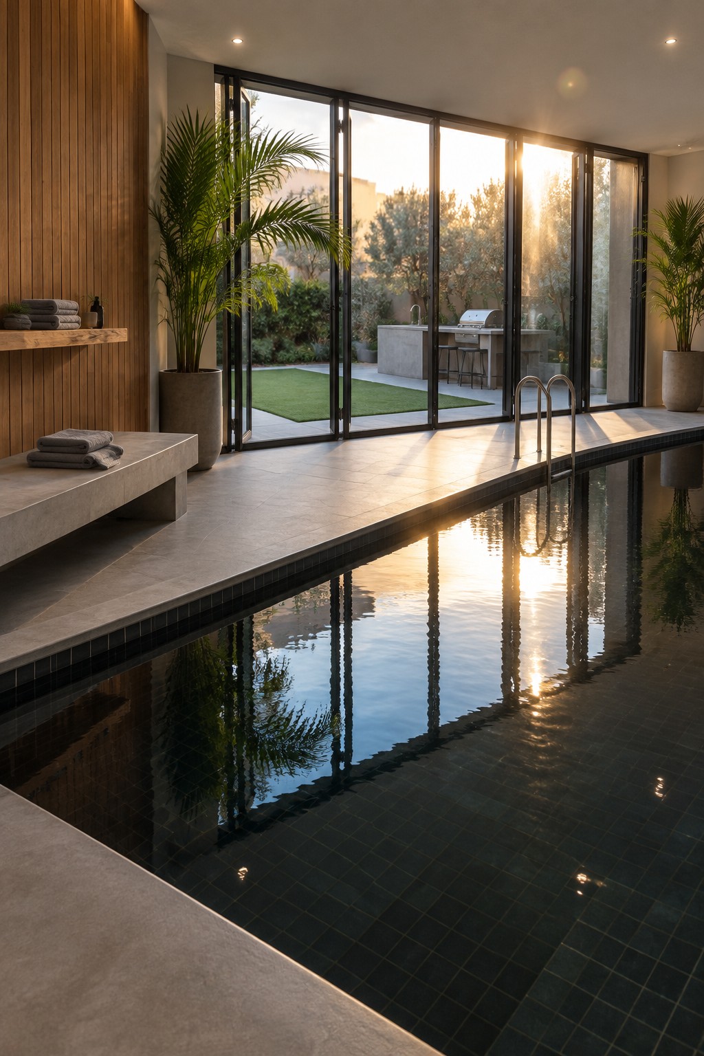 An indoor pool with dark tile and large folding glass doors open to an outdoor kitchen and lawn.