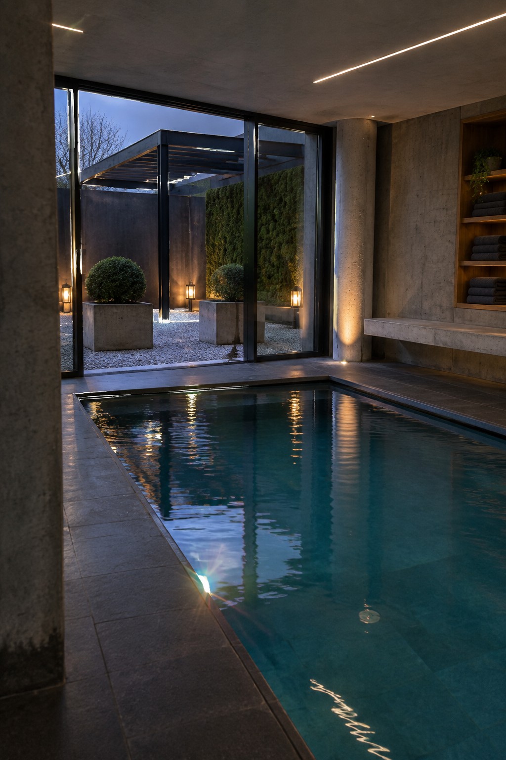 Indoor pool with large open glass sliding doors leading to an outdoor gravel area with potted shrubs and concrete planters.