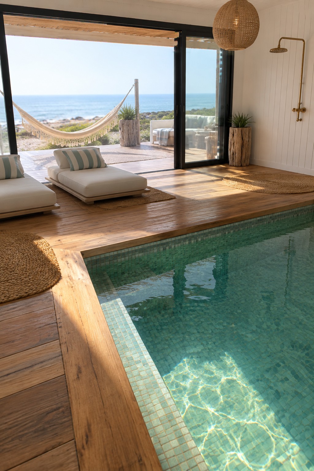 Indoor pool with turquoise water opens to ocean view via sliding glass doors