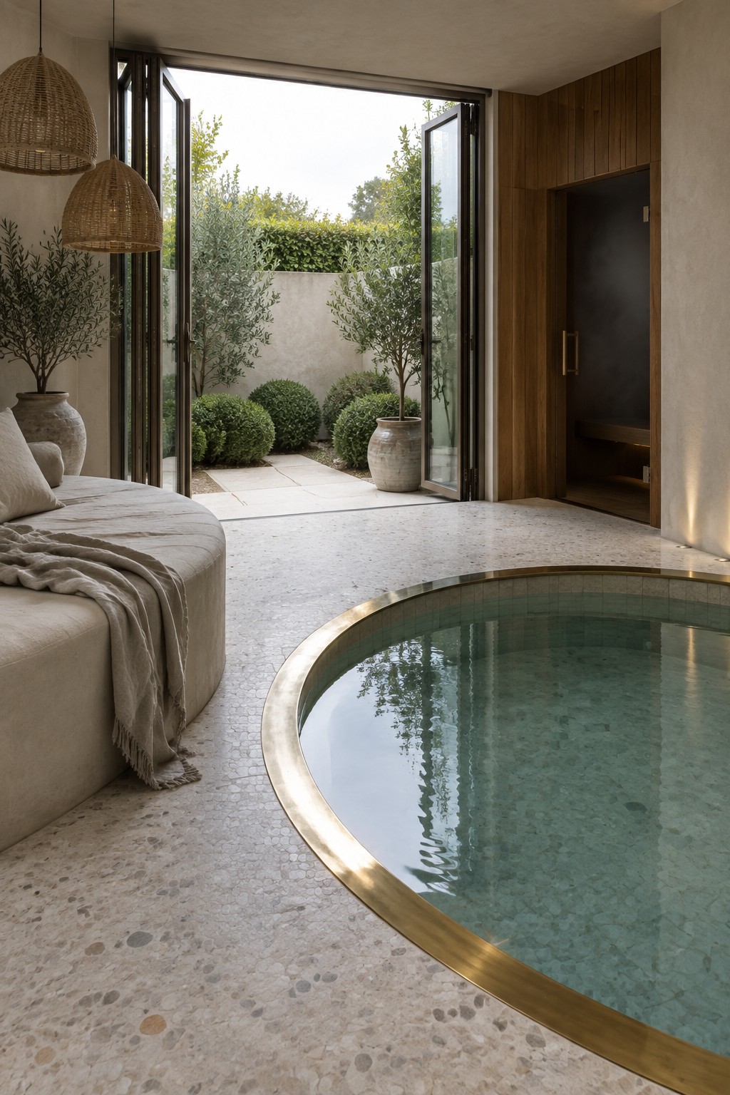 Circular indoor pool with gold rim beside daybed and open doors to garden