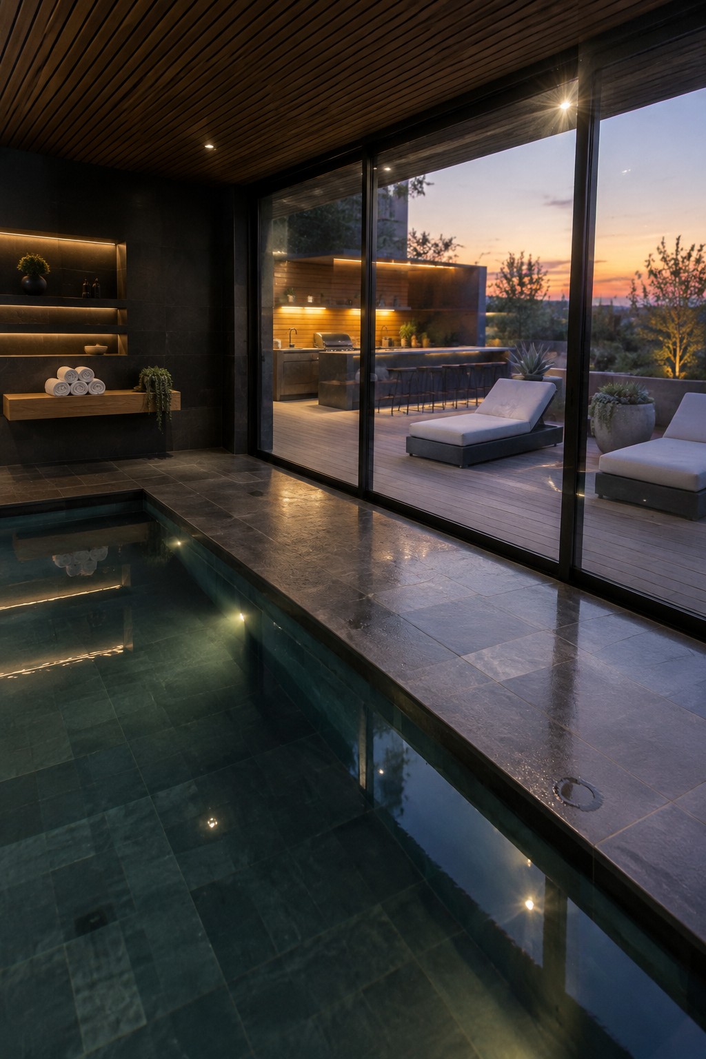 An indoor lap pool with dark tiles beside large sliding glass doors that open to an outdoor wooden deck with lounge chairs and a kitchen area at sunset.