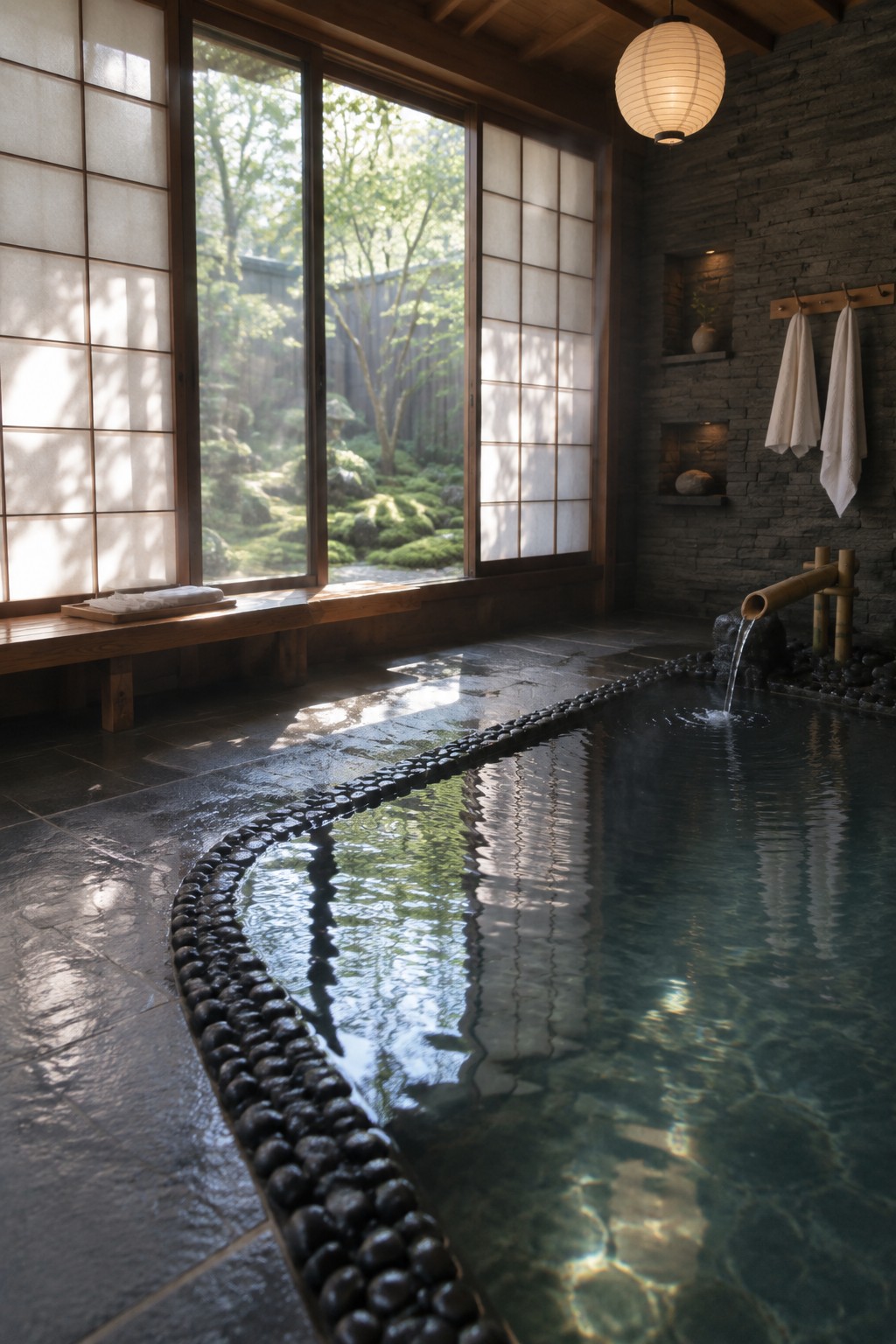 An indoor pool with dark pebble edging sits beside large shoji-style windows overlooking a garden, with a bamboo water spout flowing into the water on the right side.