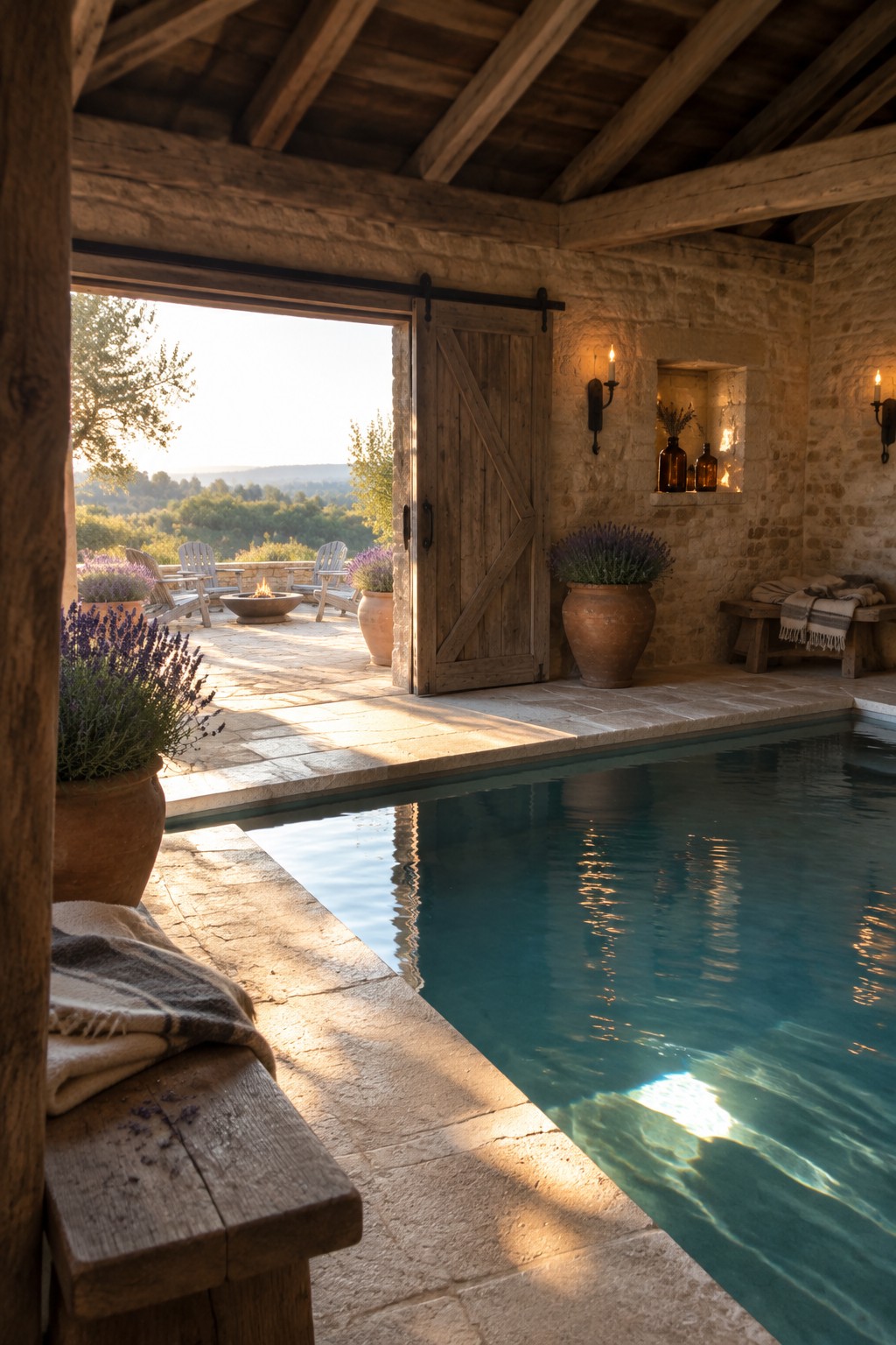 Rustic stone pool room with open wooden door to sunny patio and lavender pots