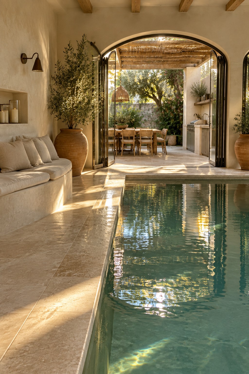 An indoor pool area with a built-in bench opens through large arched bi-fold doors to an outdoor patio with a dining table, chairs, and a kitchen area.
