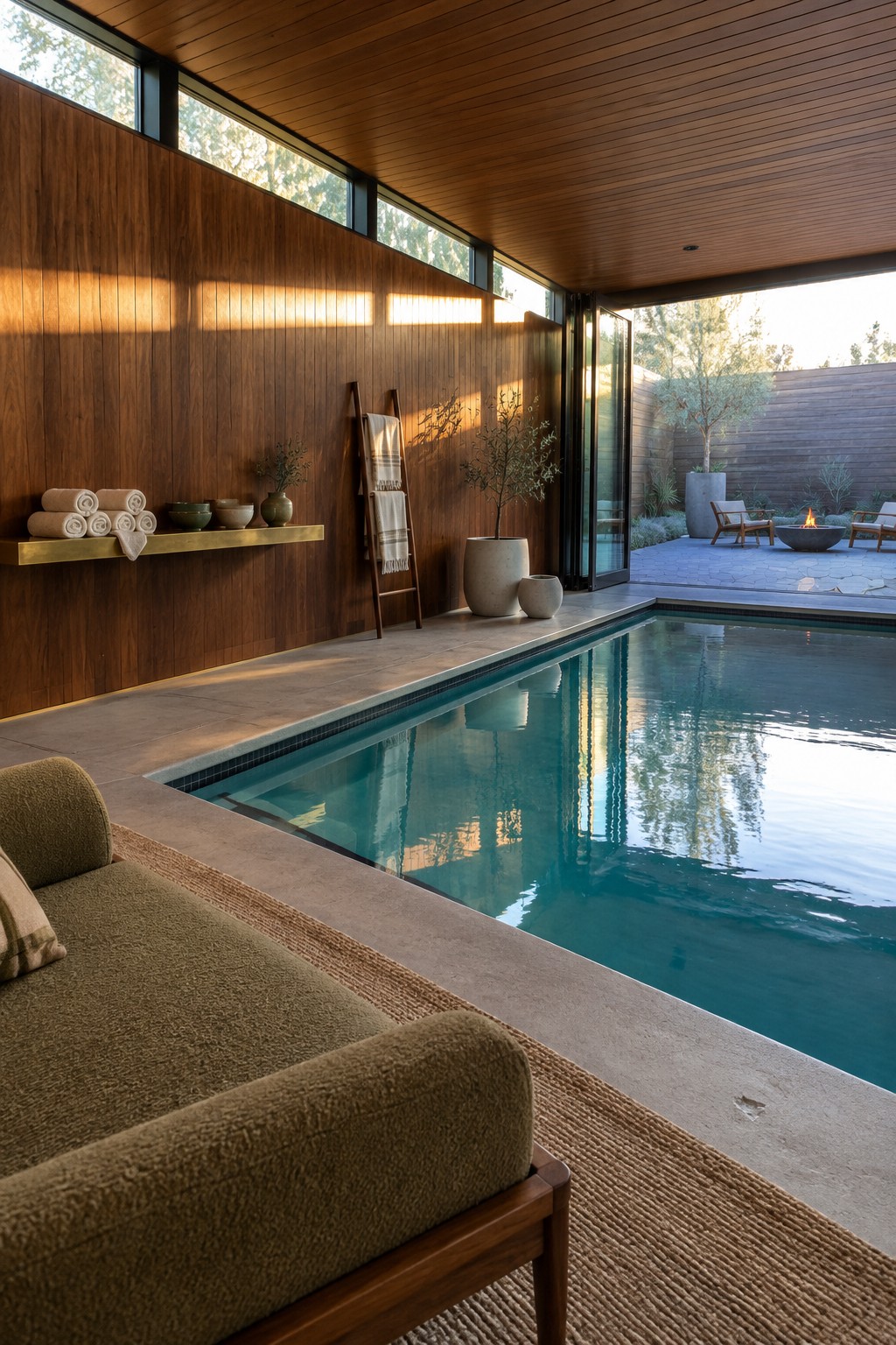 An indoor lap pool with wood-paneled walls, a concrete surround, and large sliding glass doors open to an outdoor patio with seating and a fire pit.
