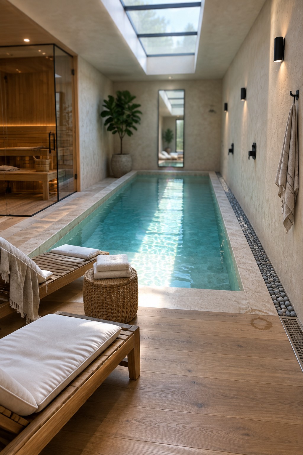 Modern indoor pool with wooden lounge chairs, sauna, skylight, and spa decor.