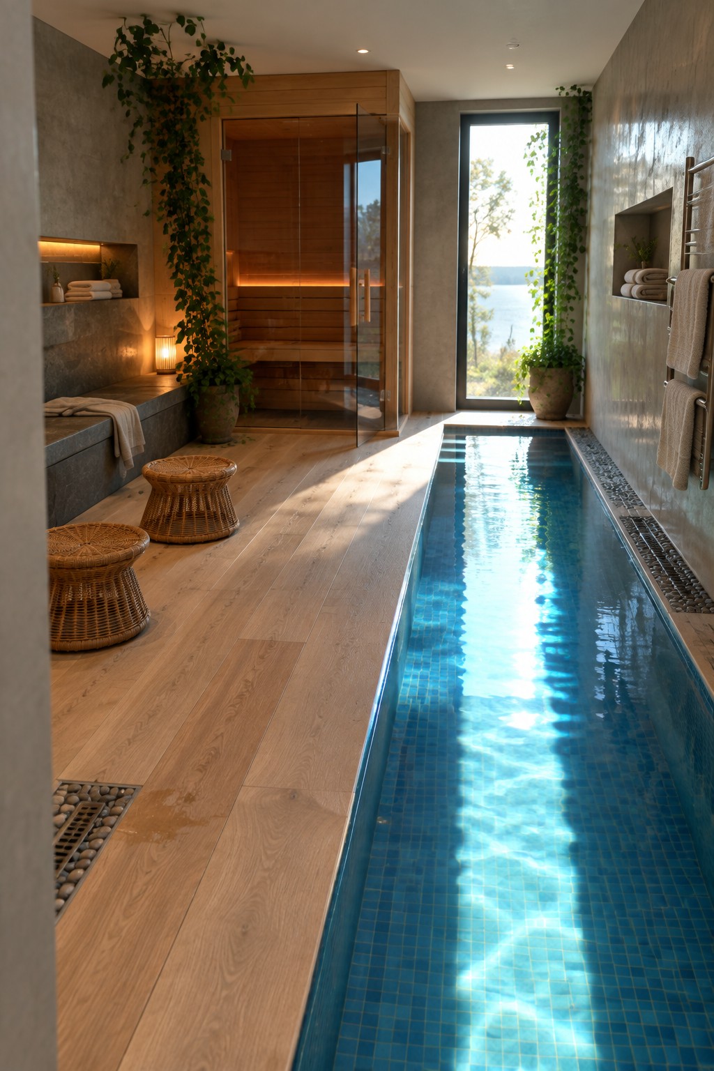 An indoor pool with blue mosaic tiles sits next to a wooden sauna with glass doors in a room with light wood floors and hanging plants.