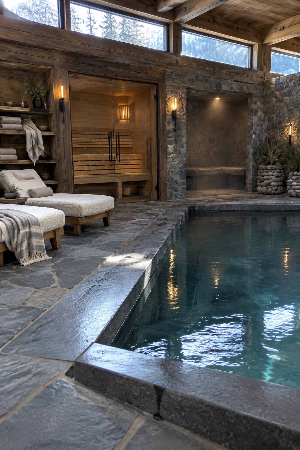 An indoor pool with a wooden sauna featuring glass doors, stone walls and flooring, and two lounge chairs along the edge.