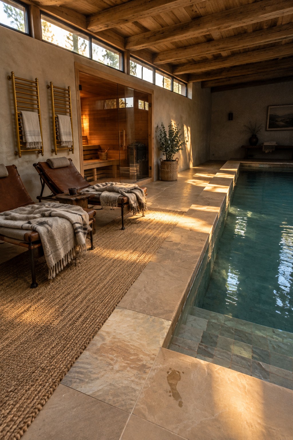 An indoor pool with a wooden sauna visible through glass doors, two leather lounge chairs on a woven rug, and stone tile flooring with wet footprints near the water.
