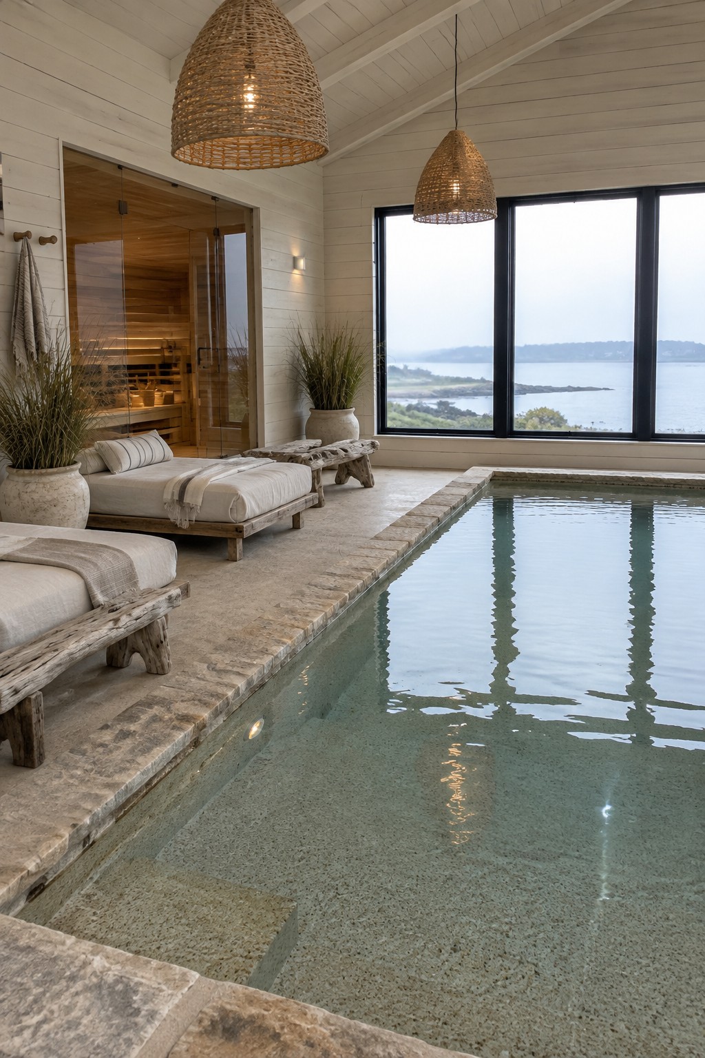 An indoor pool area with a wooden sauna visible through open glass doors, lounge chairs along the stone edge, and large windows showing a water view.