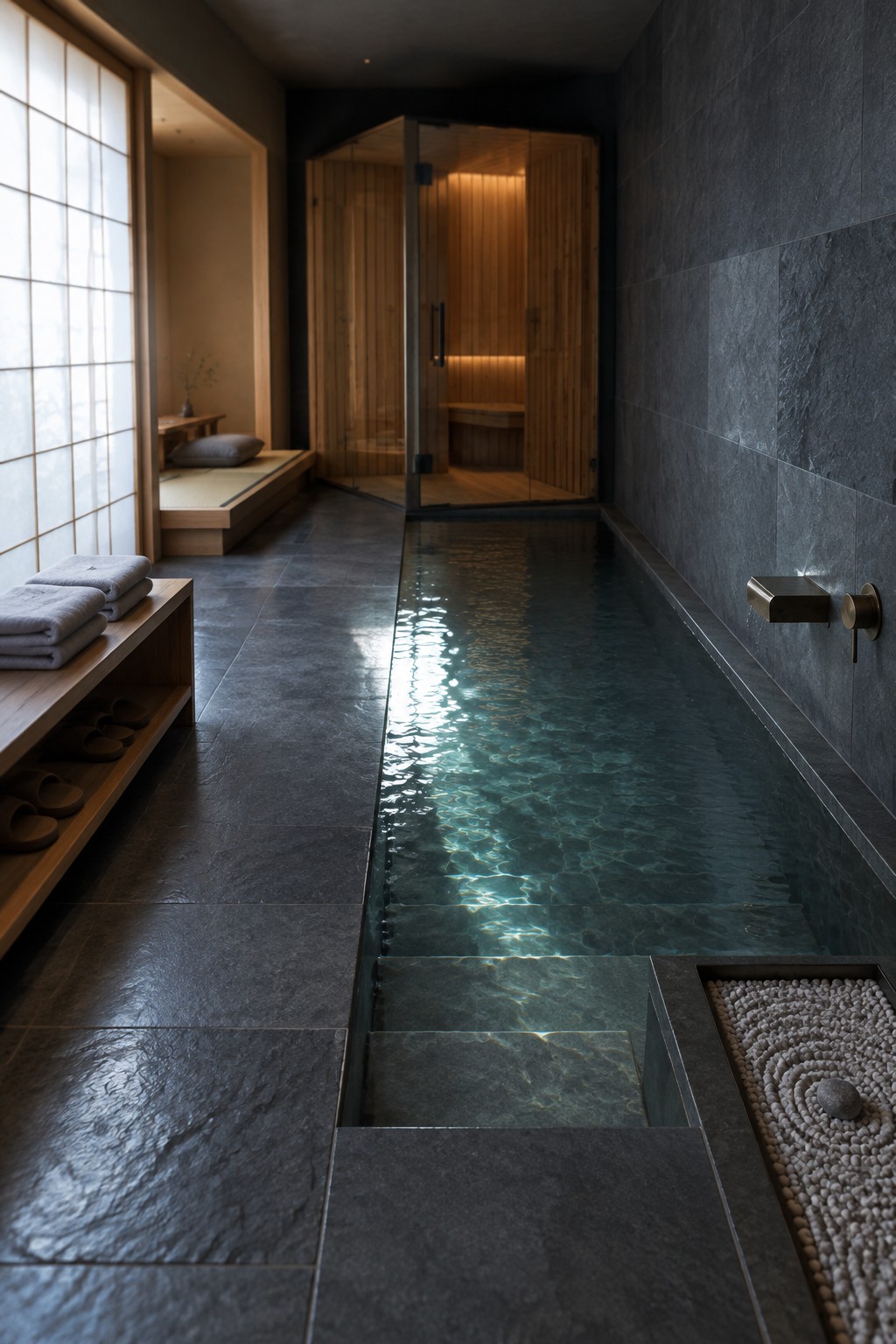 Elegant Japanese spa with long dark-tiled pool, wooden sauna, and stone walls