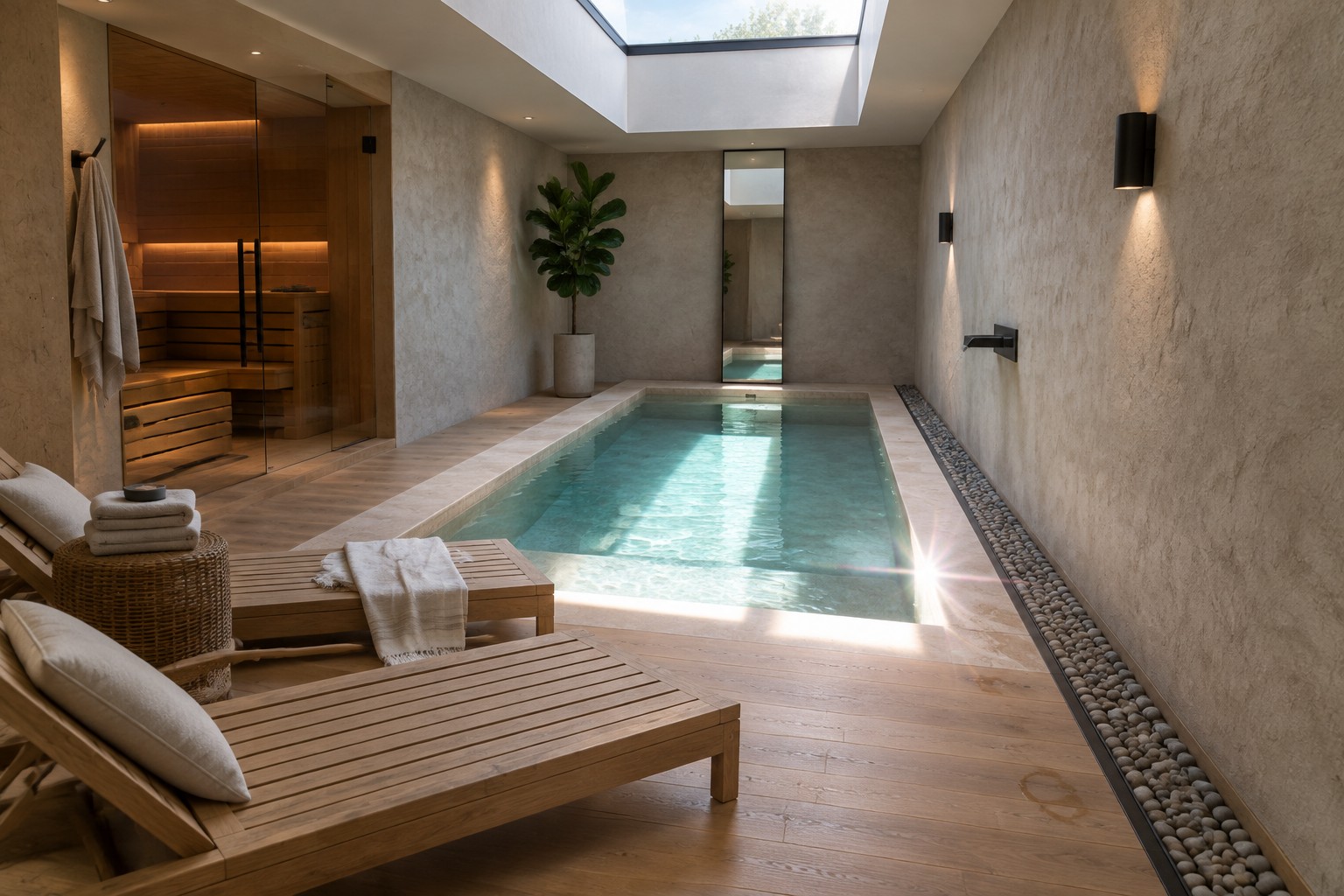 Modern indoor pool with wooden lounge chairs, sauna, skylight, and spa decor.