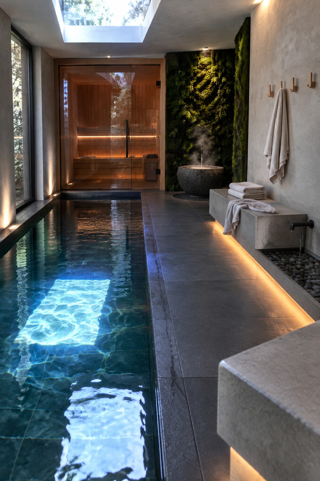 An indoor lap pool leads toward a wooden sauna with glass doors, while a tall living moss wall with a stone fountain sits beside a concrete bench on the right.