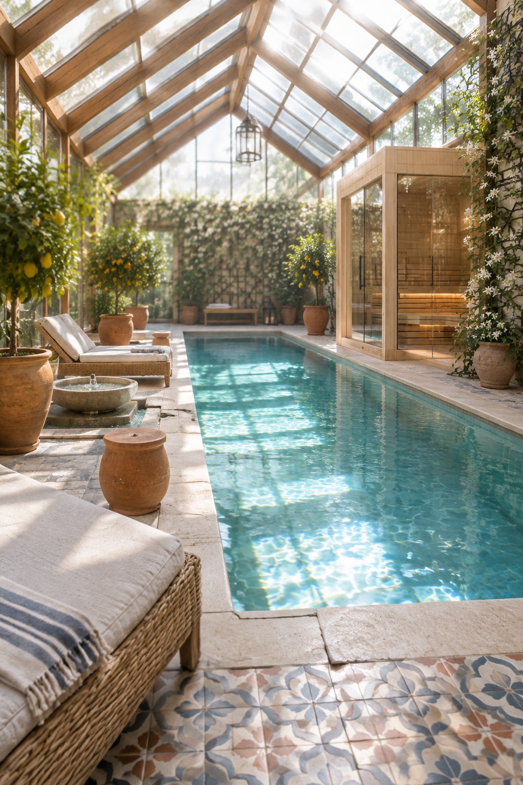 An indoor pool with a glass ceiling, wooden beams, potted citrus trees, lounge chairs, patterned tile floor, and a wooden sauna with glass doors on the right.