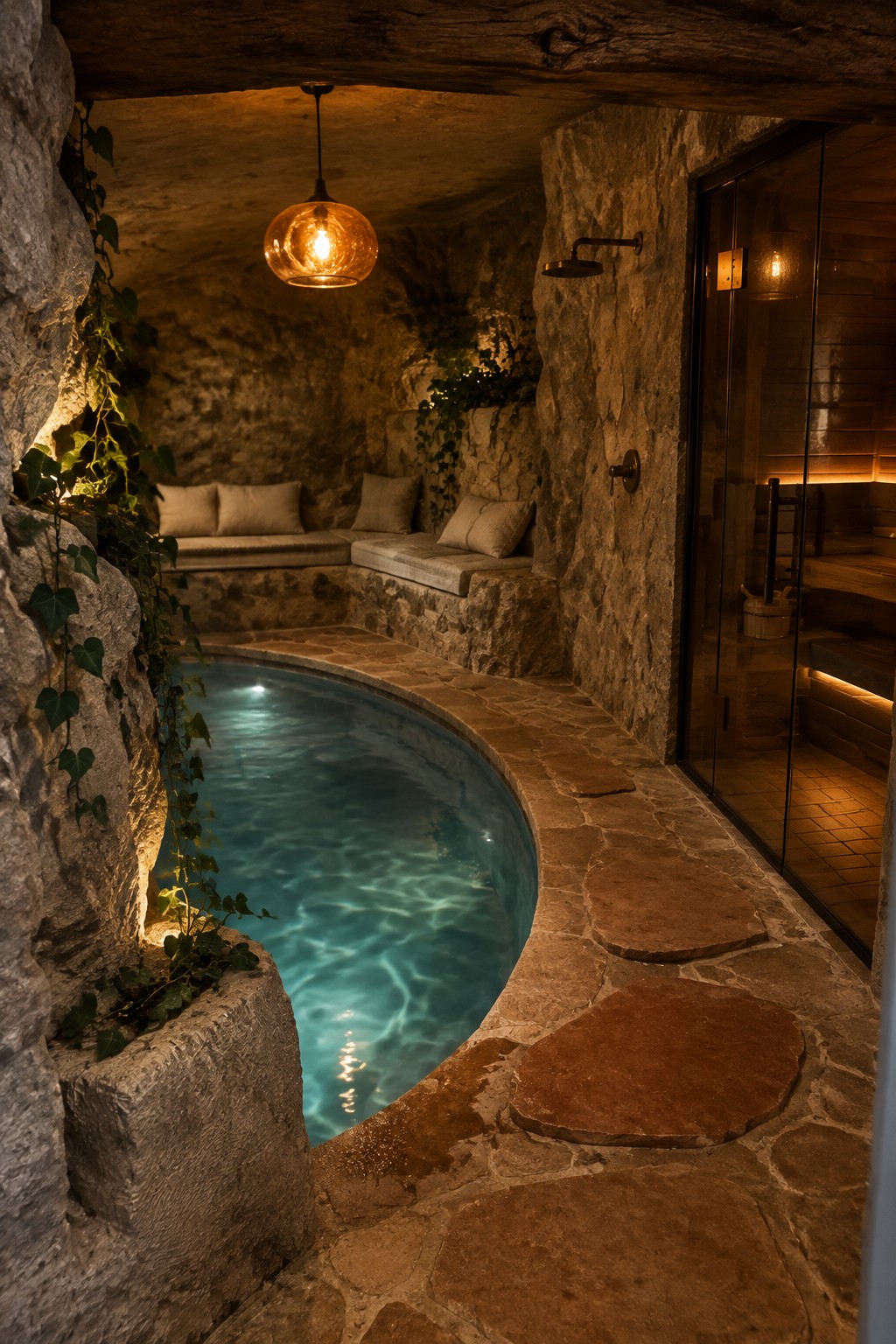 An indoor pool with turquoise water set in rough stone walls and stone paver flooring, with built-in cushioned seating, hanging glass lights, and a glass door opening to a wooden sauna.