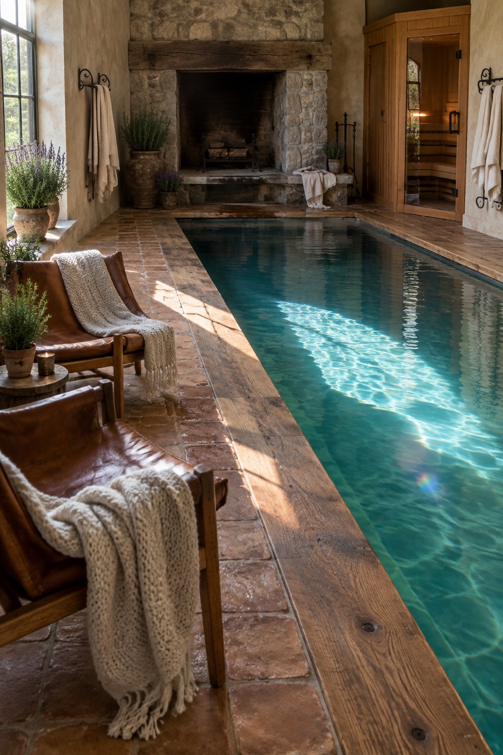 An indoor pool room with a large stone fireplace at the far end, wooden lounge chairs with blankets along the left side, and a wooden sauna door visible on the right.