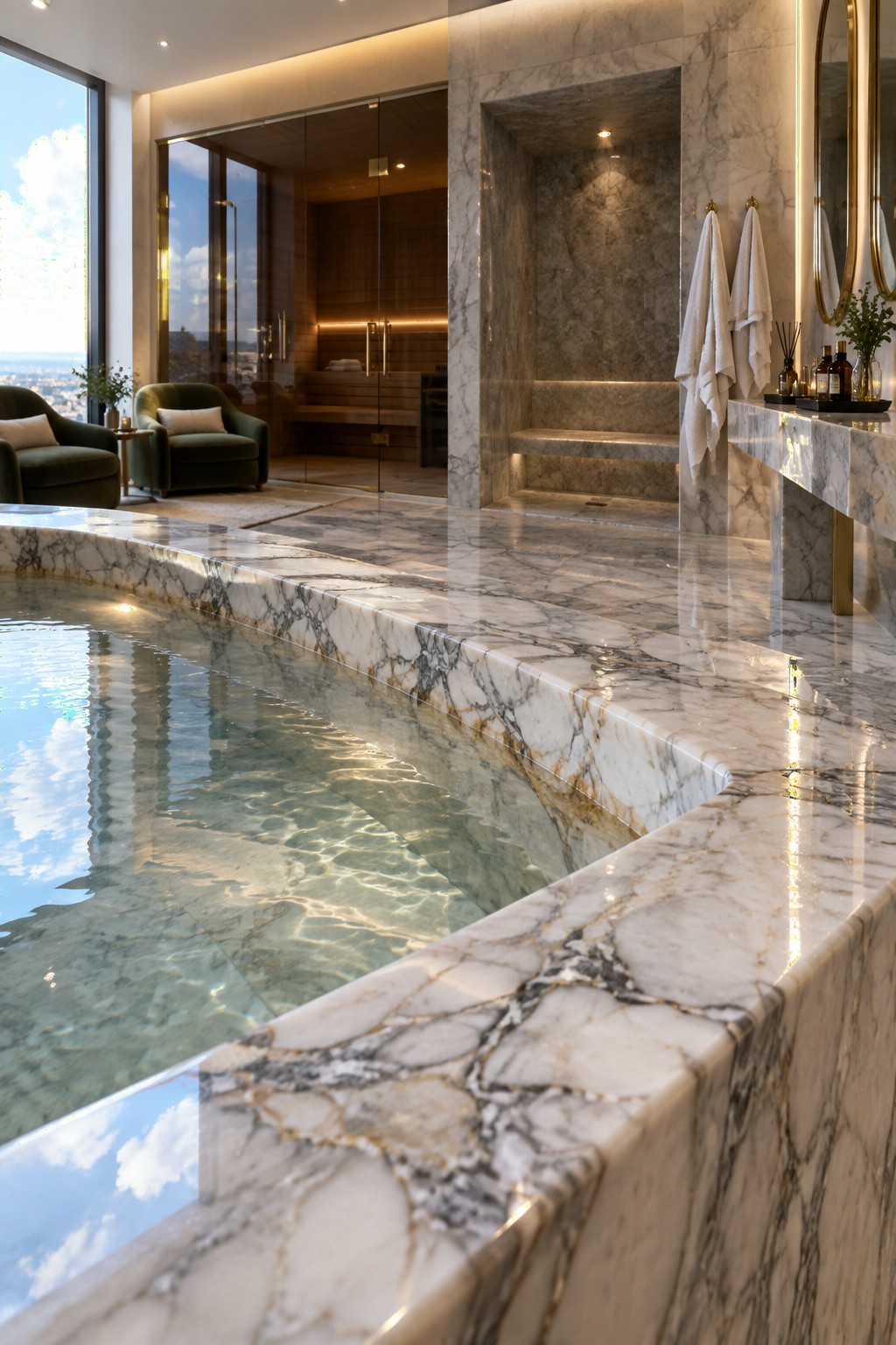 Luxury marble spa with plunge pool, wooden sauna, green chairs, and city view.