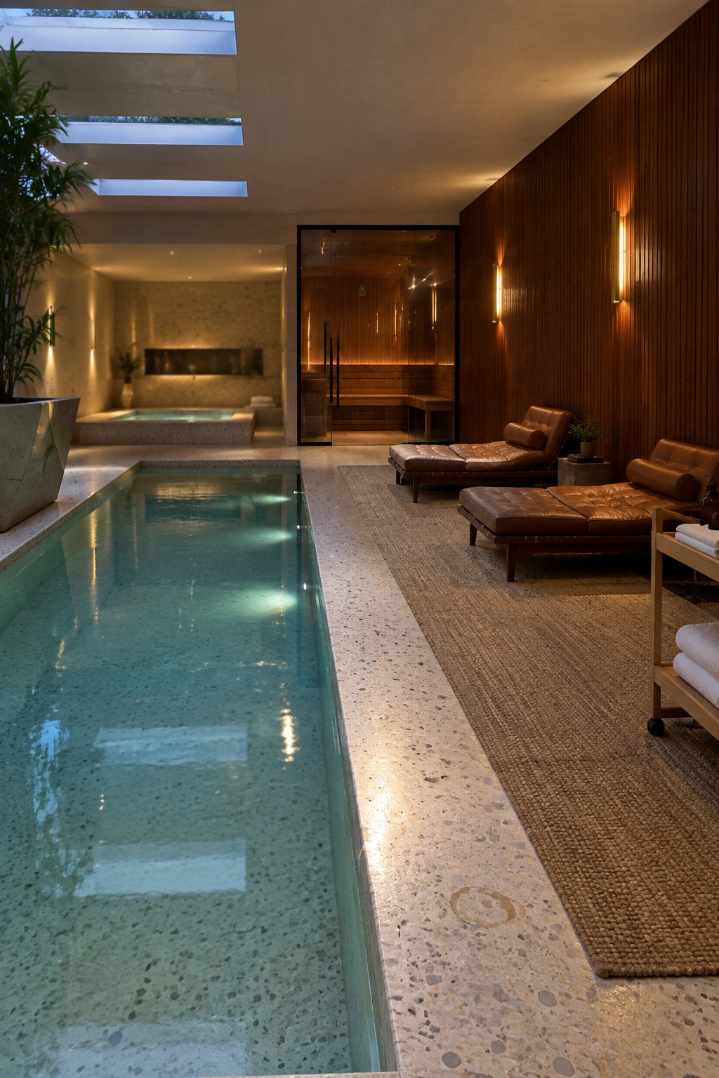 An indoor lap pool with terrazzo decking, brown leather lounge chairs on a woven rug, vertical wood wall paneling, and a glass-enclosed sauna visible at the far end.