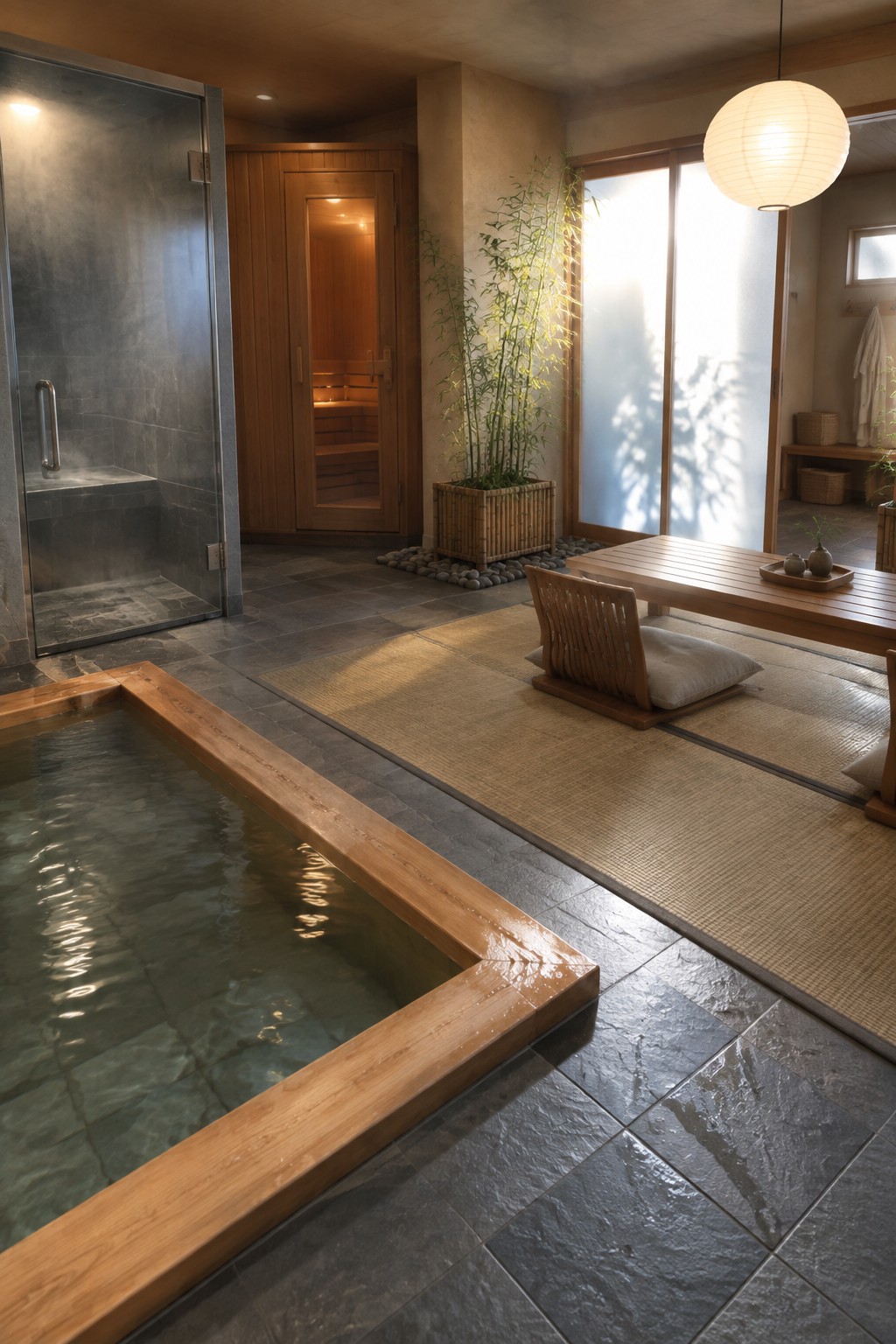 Japanese spa with wooden soaking tub, sauna, steam room, and tatami seating