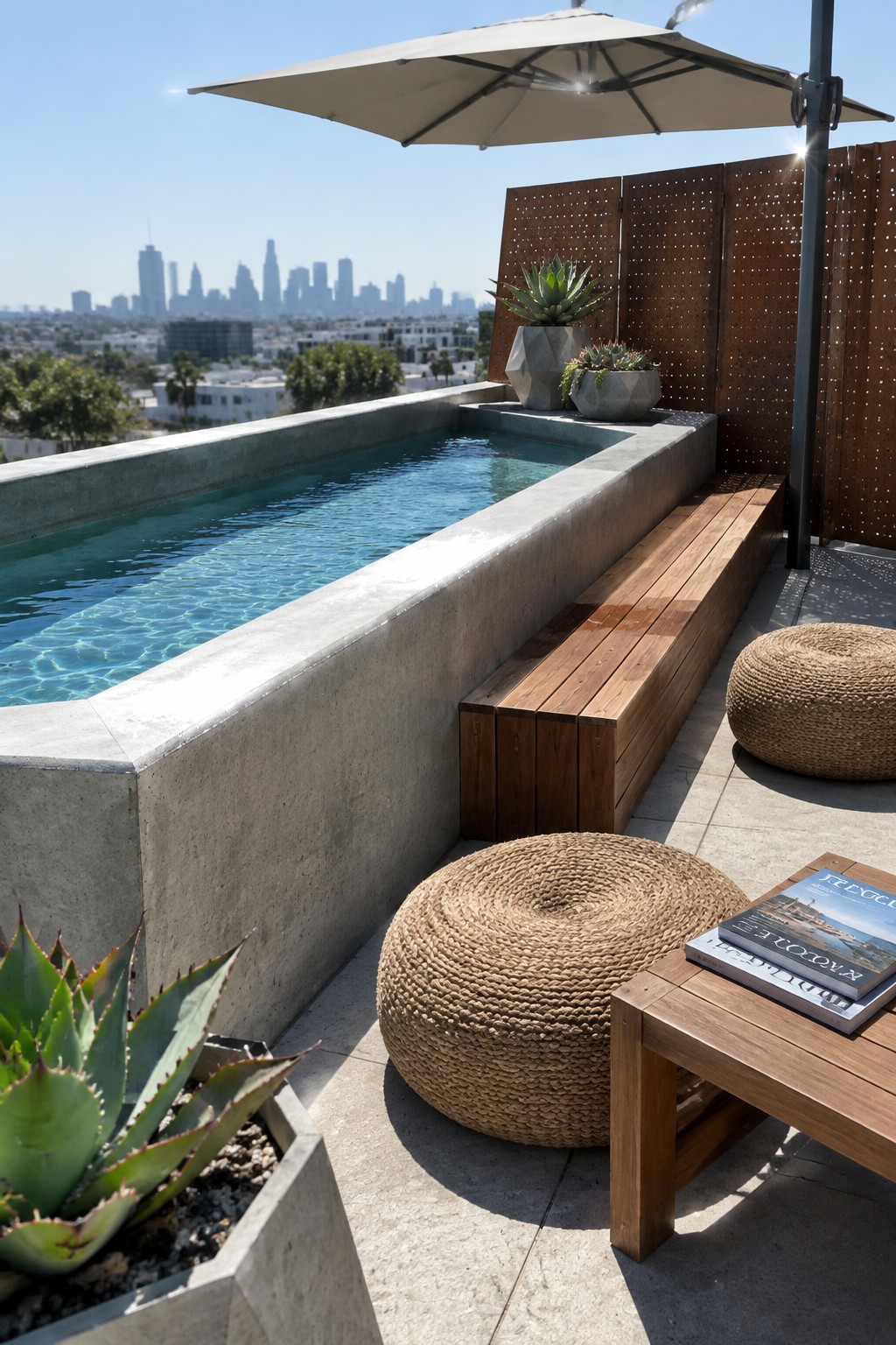 16 Striking Raised Plunge Pool Ideas for Level Changes and Compact Yards Rooftop plunge pool with concrete edges, wooden bench, woven poufs, and city skyline.